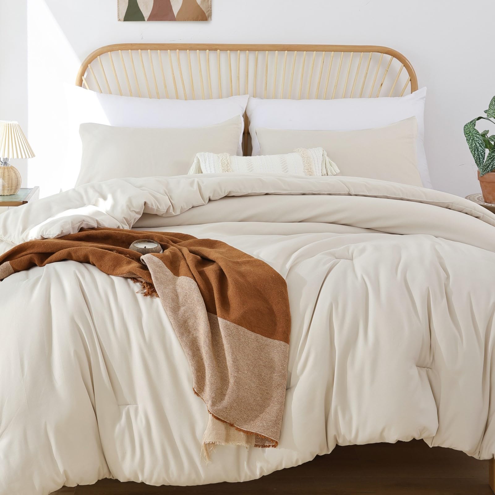 ROSGONIA Queen Comforter Set Oatmeal, 3pcs(1 Boho Oatmeal Comforter & 2 Pillowcases) All Season Soft Bedding Lightweight Bedspread Blanket Quilt: California King Comforter 104"x96" Beige