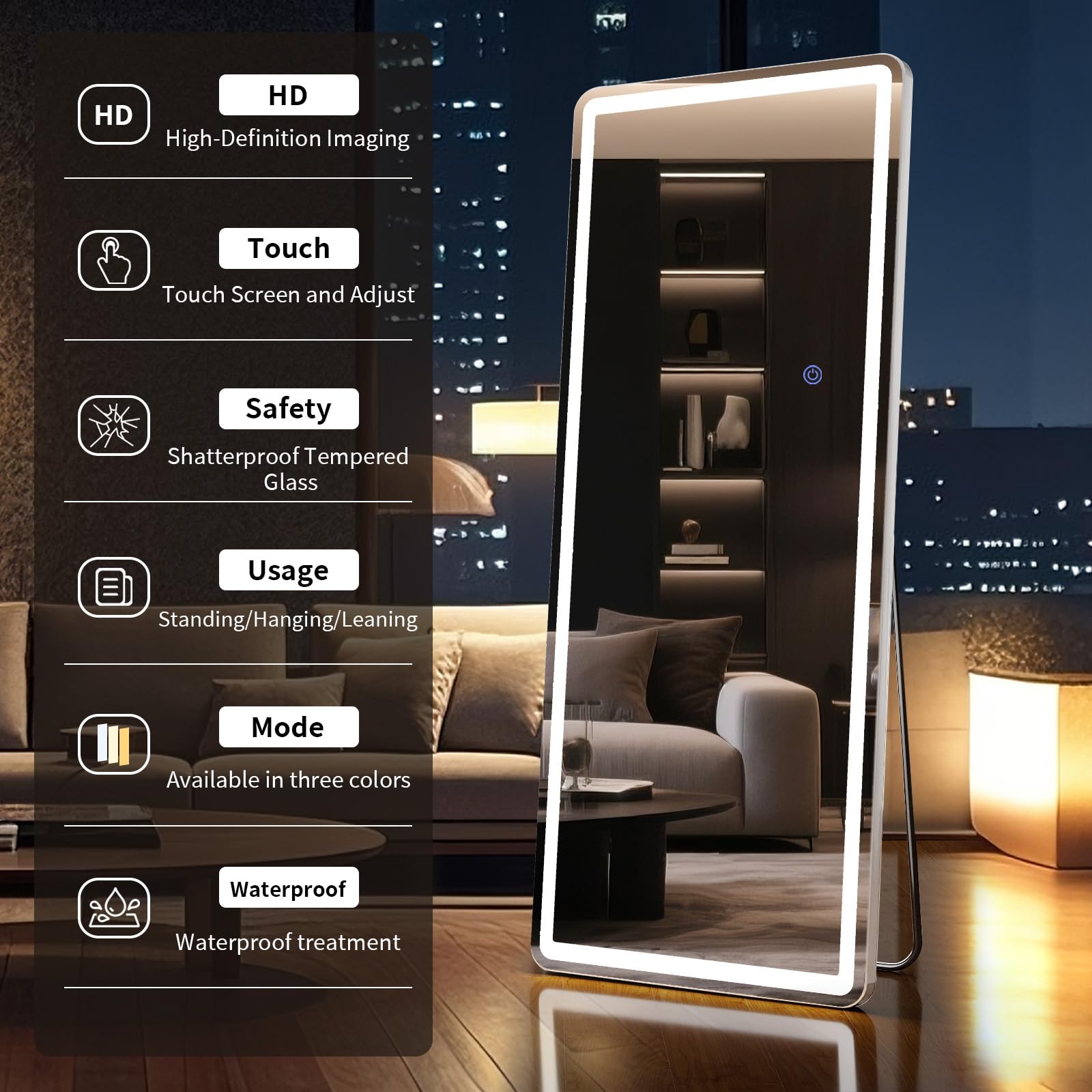 Riskioir 56"x21" LED Full Length Mirror – Standing Floor Mirror with Dimmable Lights 3 Color Modes – Adjustable Brightness, Wall-Mount or Lean for Barber, Fitness Center, Dressing Room, Vanity: 56"L x 21"W