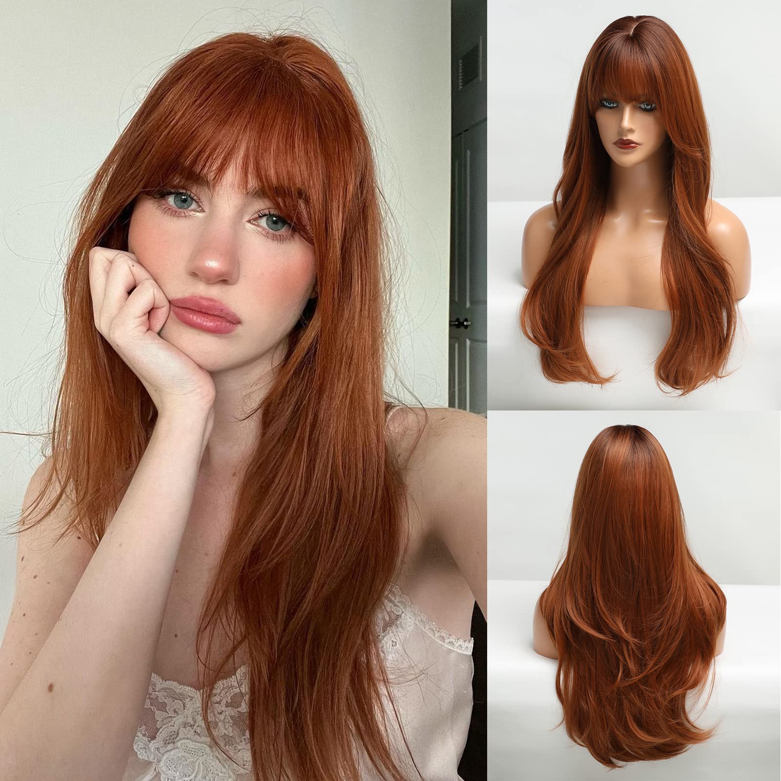 HAIRCUBE Long Wig with Bangs Layered Curly Orange Wigs for Women Natural Synthetic Wigs for Daily Use (pelucas de cabello natural): Auburn