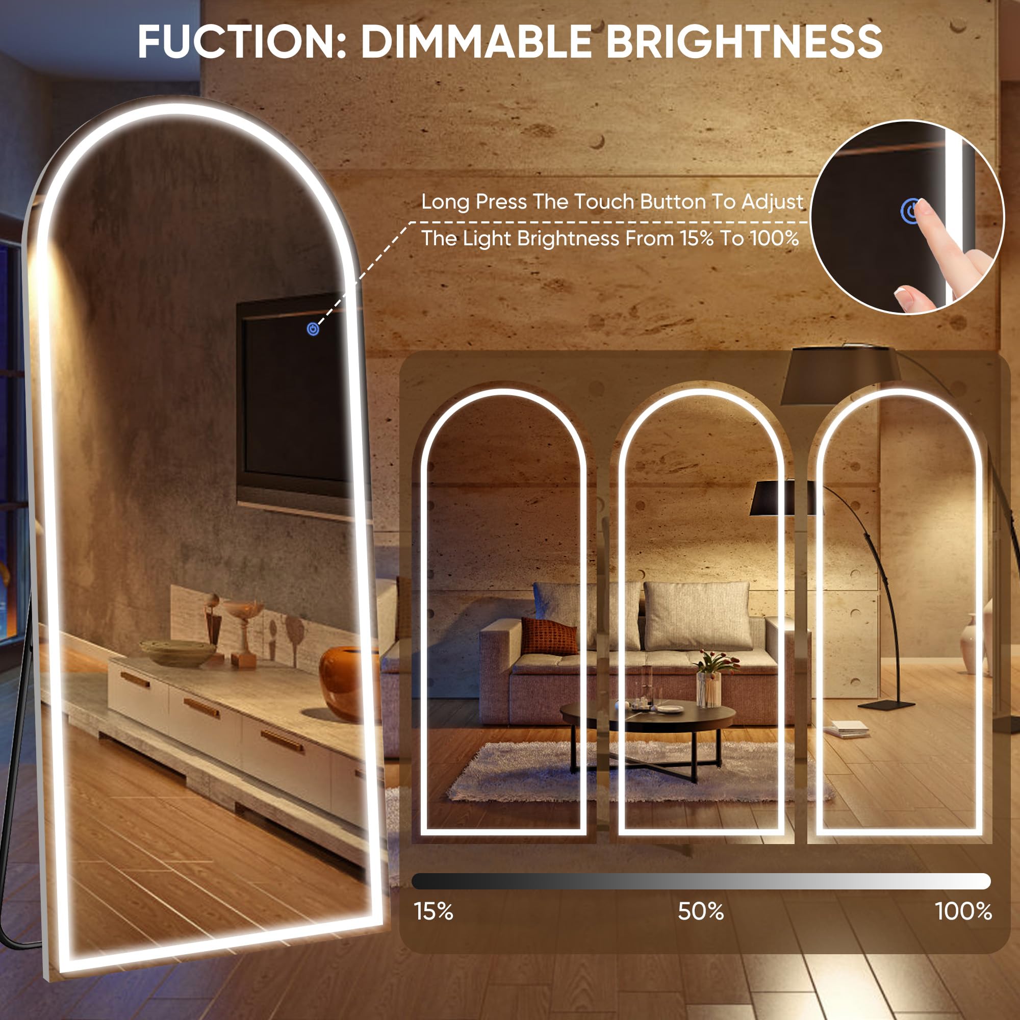 Antok LED Full Length Mirror, 59" x 22" Lighted Floor Standing LED Mirror Full Length,Hanging Mirror with Stand Free Standing Floor Mirror for Bedroom (Arched)