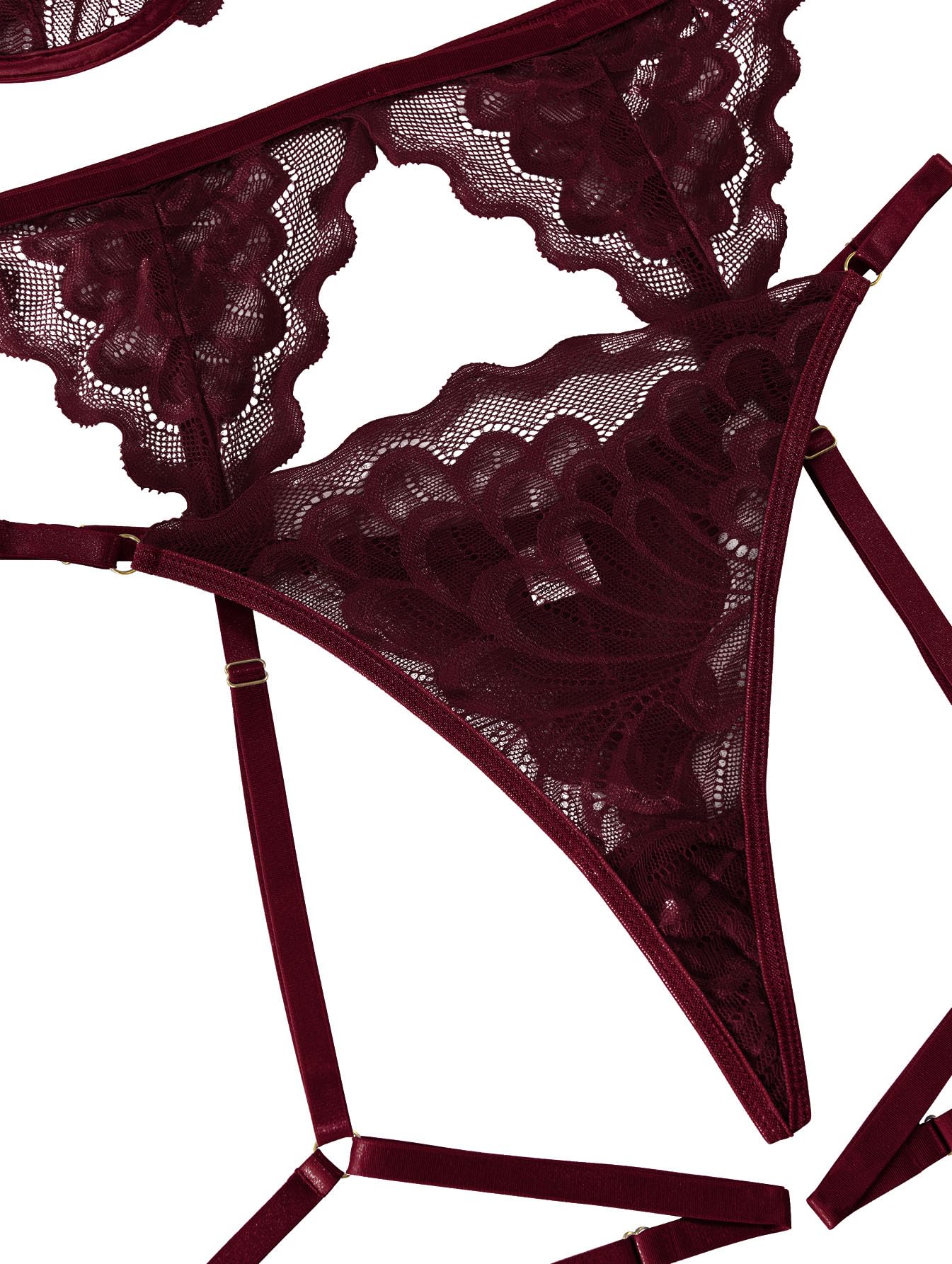 Lilosy Sexy Choker Floral Lace Scallop Sheer Underwire Push Up Garter Belt Lingerie Set 3 Piece: Large Burgundy Red