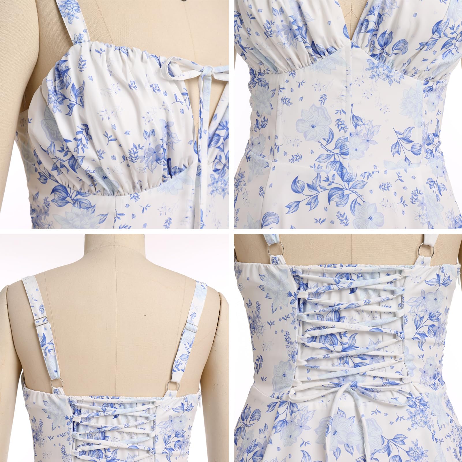 Women's Floral Corset Dress Formal Cocktail Dresses Going Out Casual Sundress Split Thigh Spaghetti Strap Vintage Dress: Large Blue