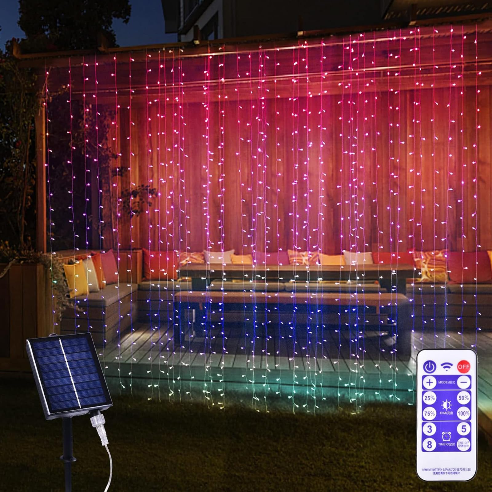 XINXIANLIAN 300LED Solar Curtain Lights Outdoor Indoor 8 Modes Solar Fairy Curtain String Lights Waterproof Twinkle Lights for Home Garden Patio Gazebo()