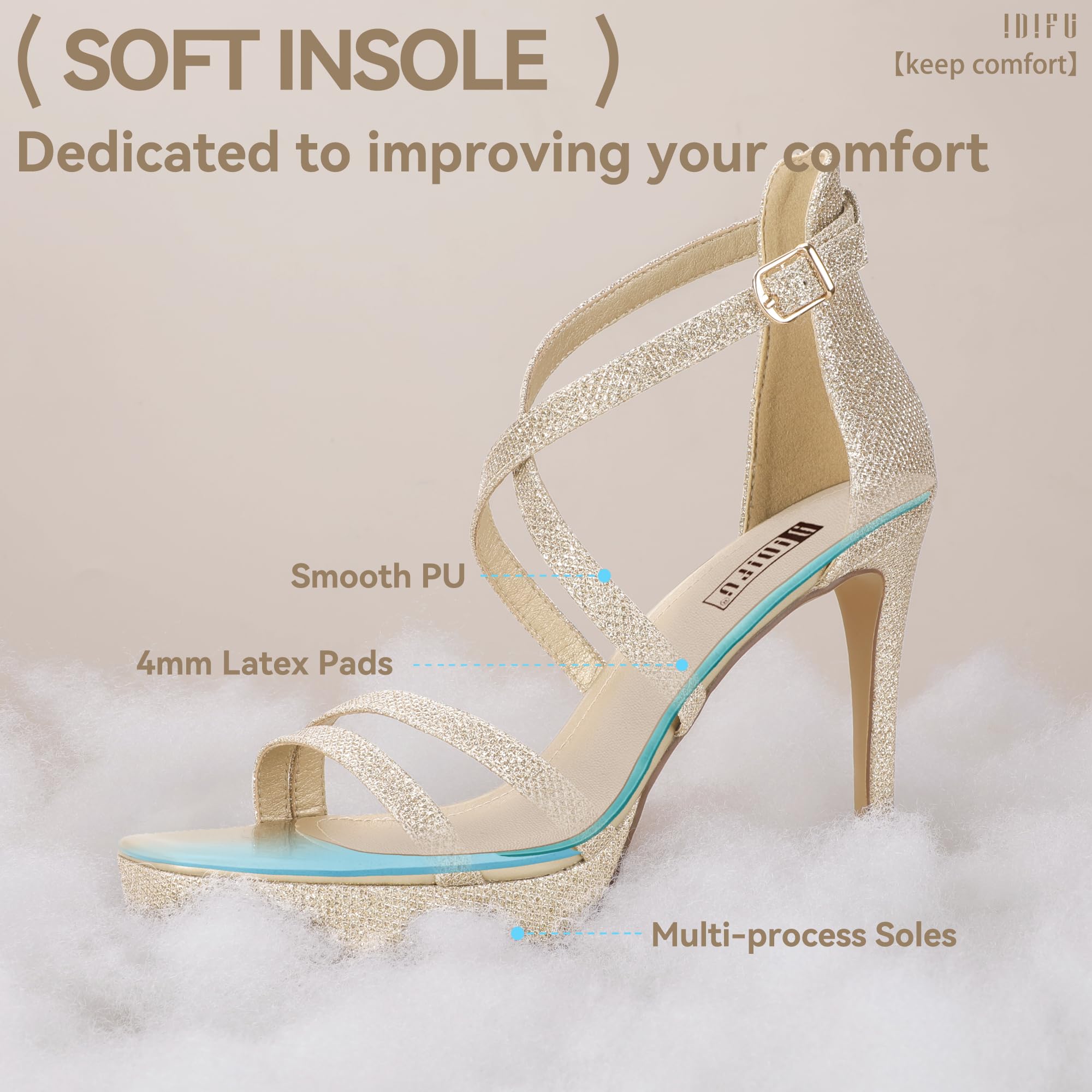 IDIFU IN4 Platform High Heels for Women Strappy Heeled Sandals Square Toe Heels Stiletto Heels Women's Wedding Party Bridal Sexy Dress Shoes Open Toe Heels: 8 Gold Glitter