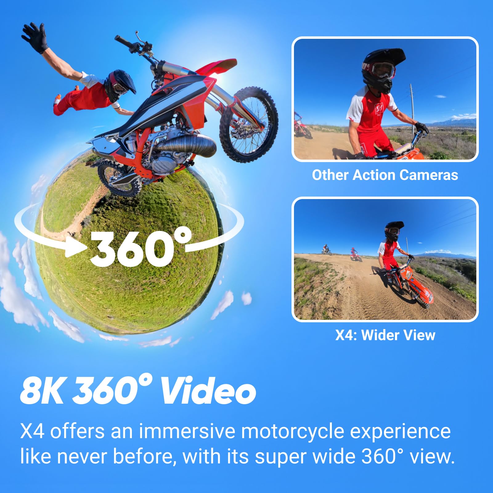Insta360 X4 Standard Bundle - Waterproof 8K 360 Action Camera, 4K Wide-Angle Video, Invisible Selfie Stick Effect, Removable Lens Guards, 135 Min Battery Life, AI Editing, Stabilization: Motorcycle Bundle +256GB Micro SD Card