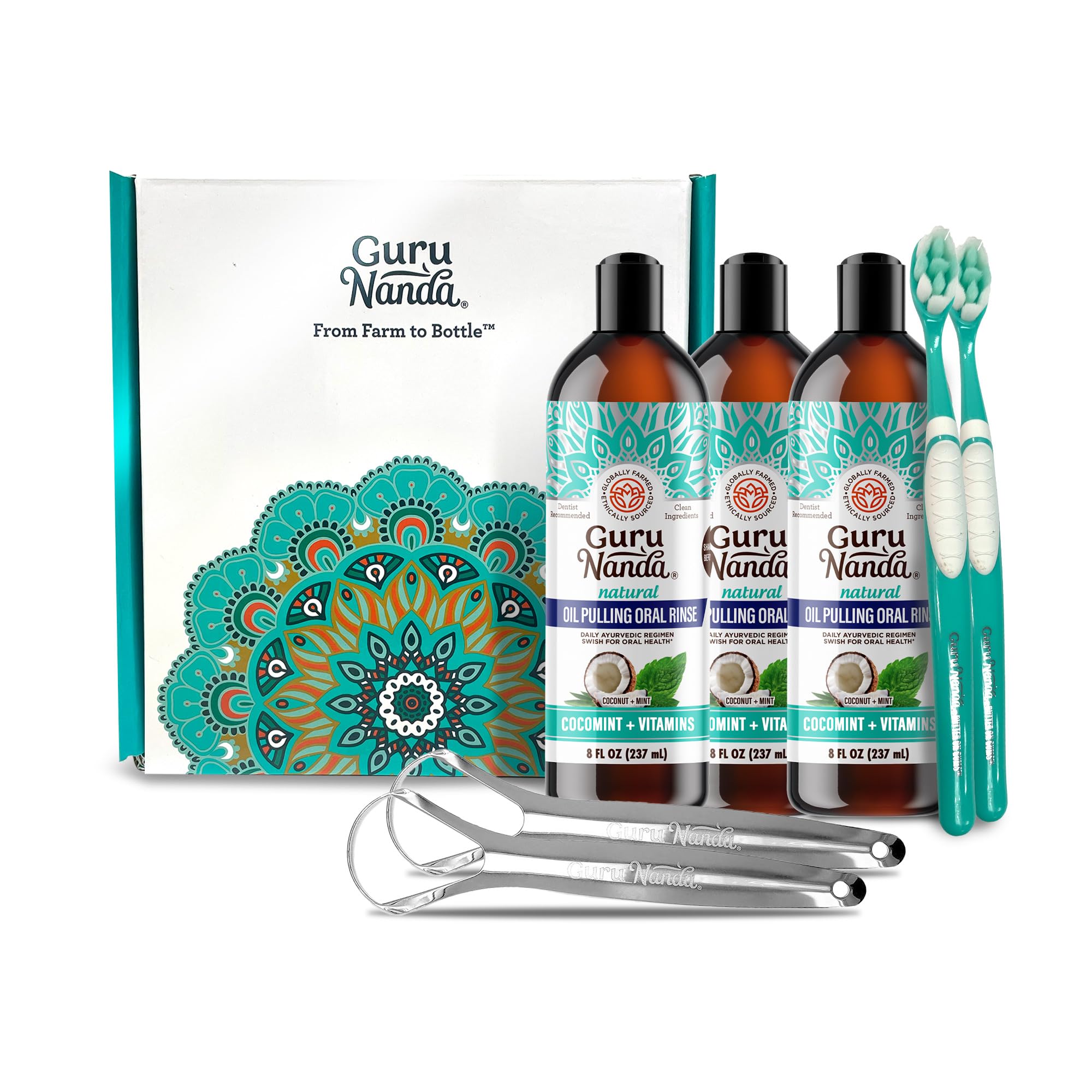 GuruNanda CocoMint Oil Pulling Mouthwash for Complete Oral Hygiene, 7 Essential Oils & Vitamins for Happy Teeth & Gums & Fresh Breath , Alcohol-Free, 8 oz