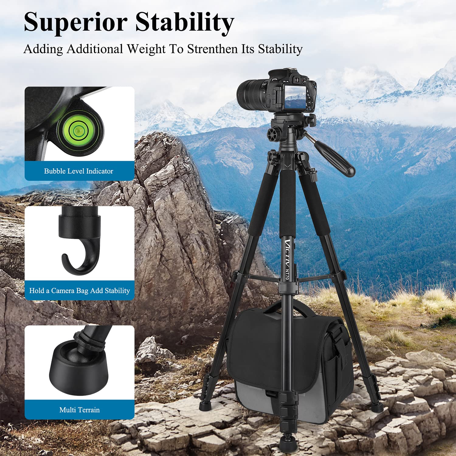 VICTIV 74” Camera Tripod, Tripod for Camera and Phone, Aluminum Professional Tripod Stand for Canon Nikon with Carry Bag and Phone Holder, Compatible with DSLR, iPhone, Spotting Scopes, Max Load 15 Lb