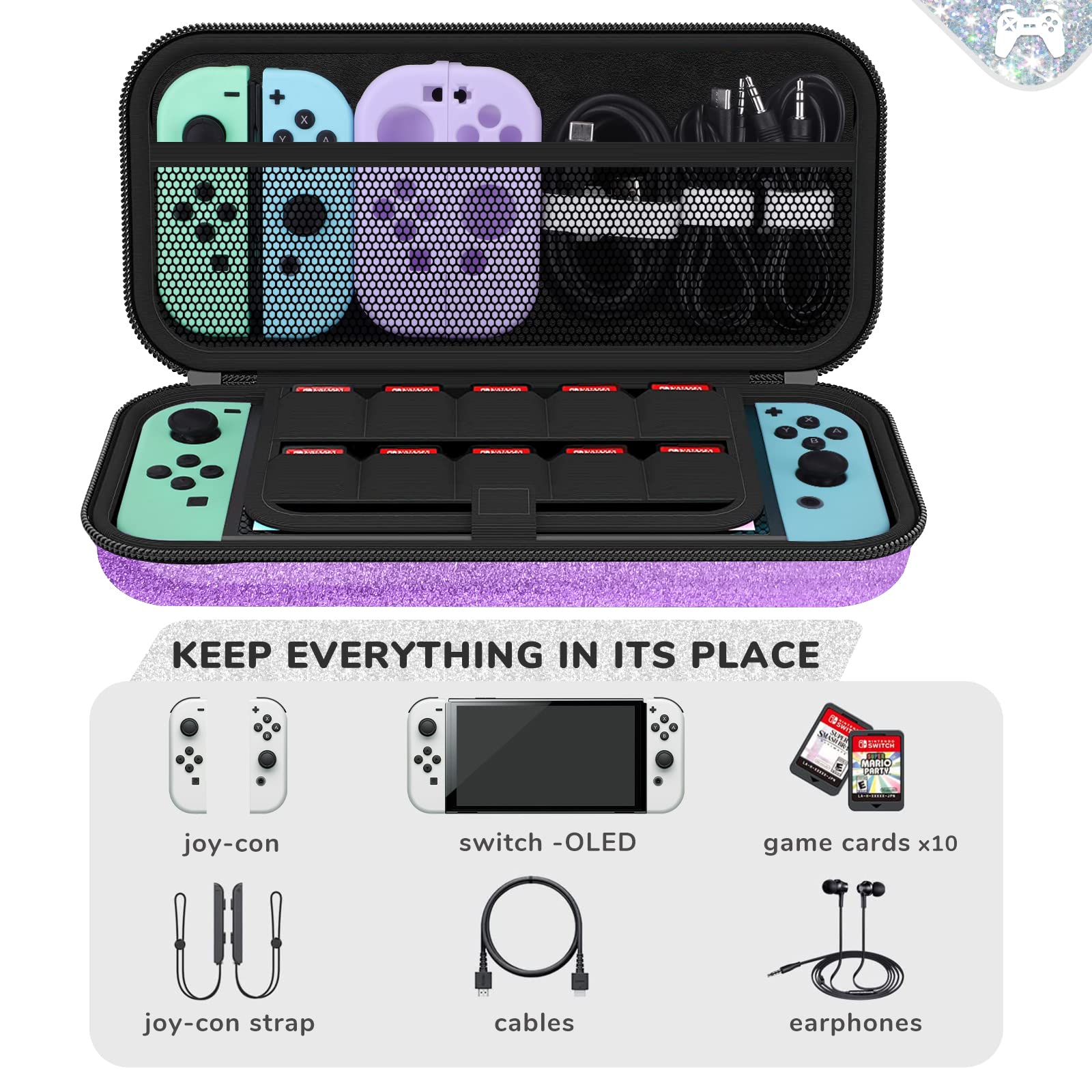 Homicozy Glitter Carrying Case Compatible With Nintendo Switch OLED & Console - Protective Hard Travel Shell Pouch for Accessories, Gaming Case for Girls
