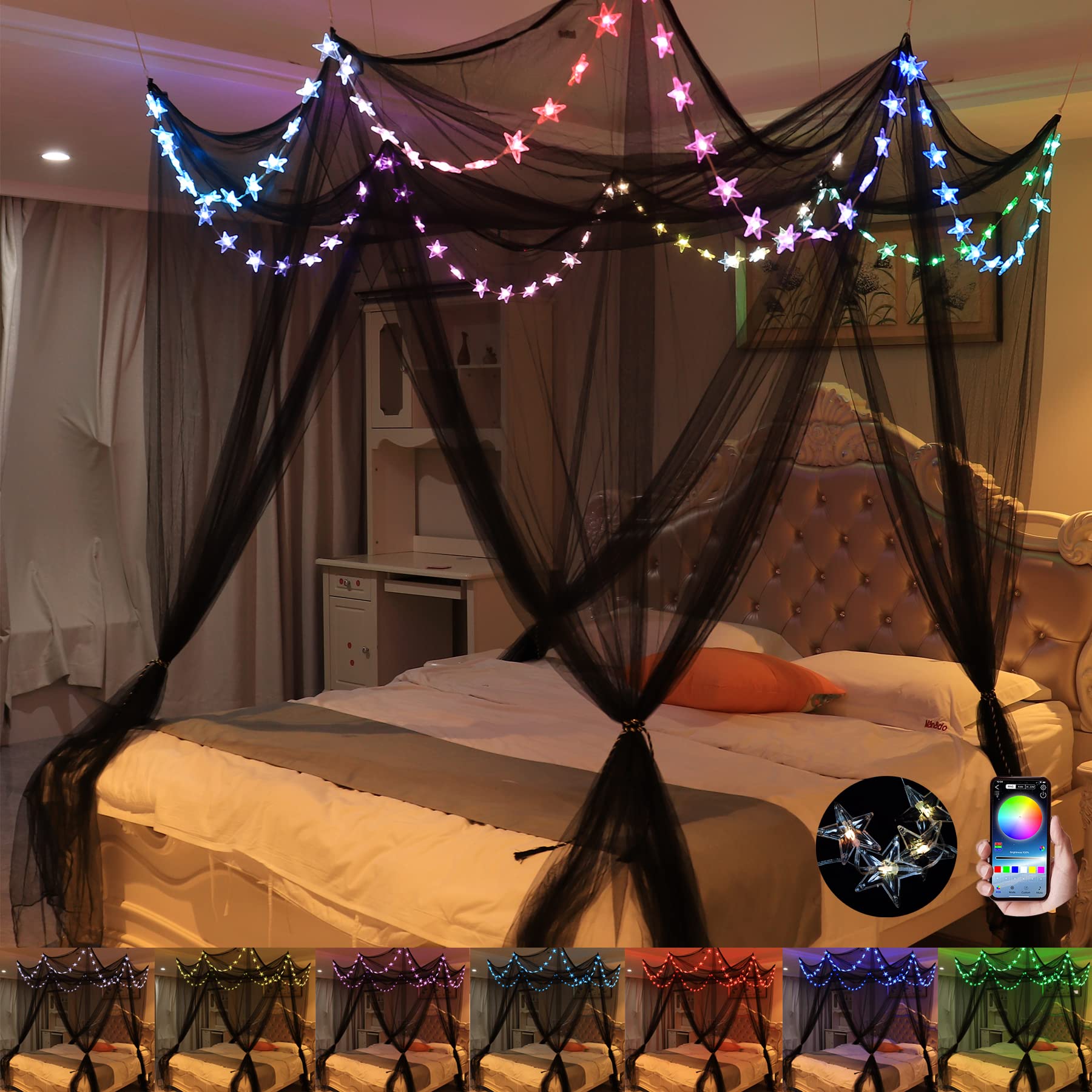 Bed Canopy with LED Star Lights, Canopy Bed Curtain with RGB Color Changing String Lights with Smart App Control Remote for Princess Girls Bedroom, Suggested for Twin Full Queen King Bed: Rgb Black
