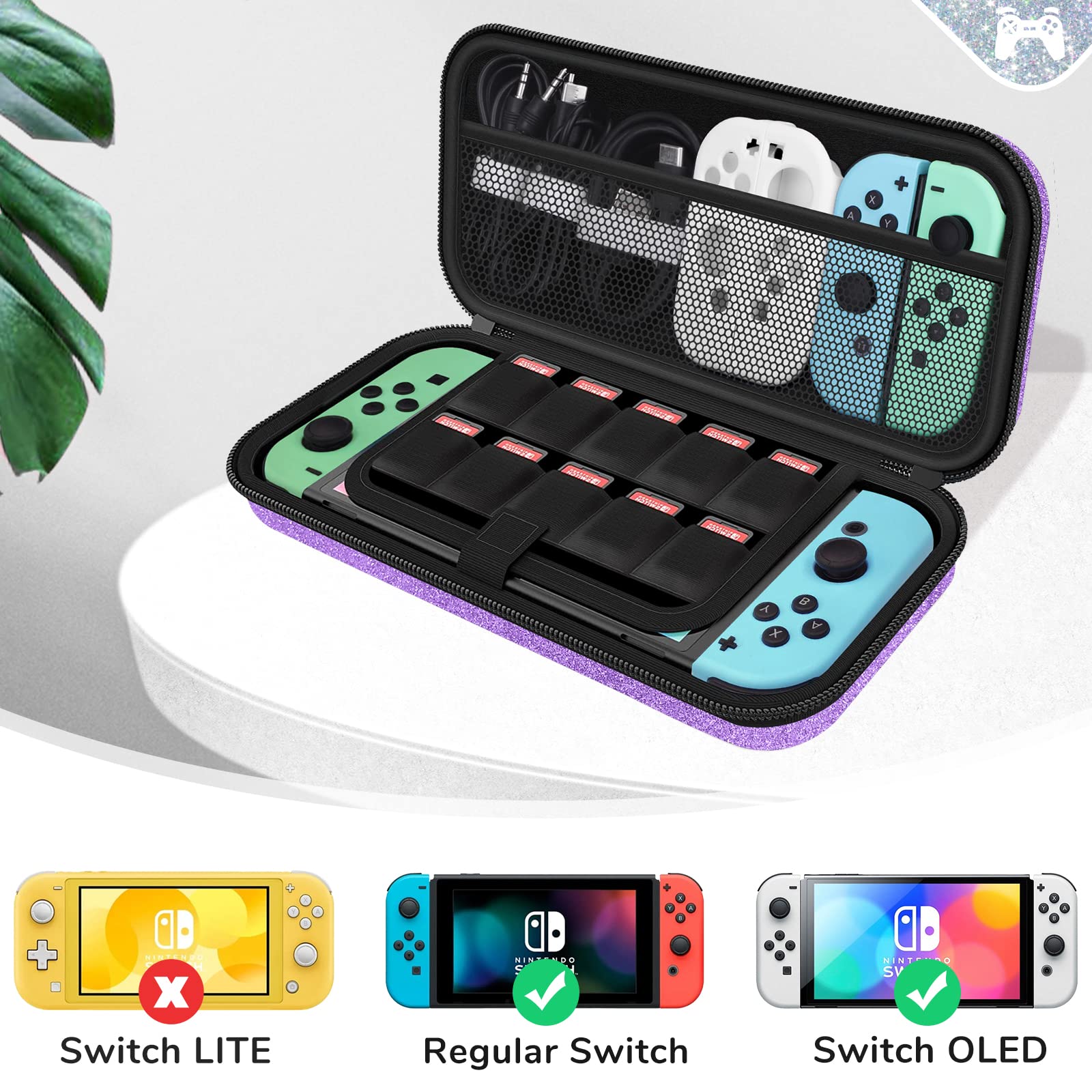 Homicozy Glitter Carrying Case Compatible With Nintendo Switch OLED & Console - Protective Hard Travel Shell Pouch for Accessories, Gaming Case for Girls
