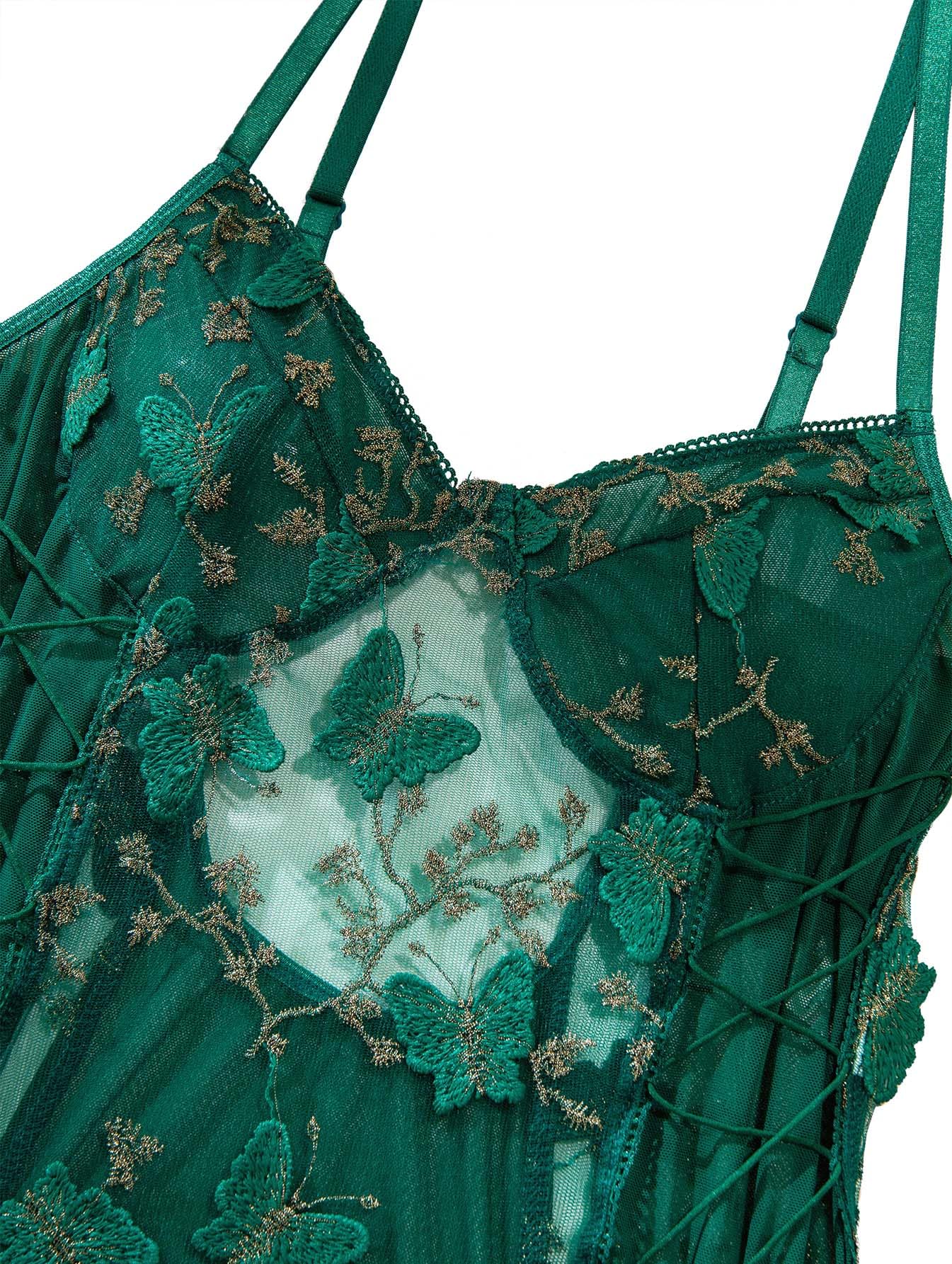 Lilosy Women Sexy Lace Up Floral Embroidered Teddy Lingerie Bodysuit Top Mesh Sheer One Piece