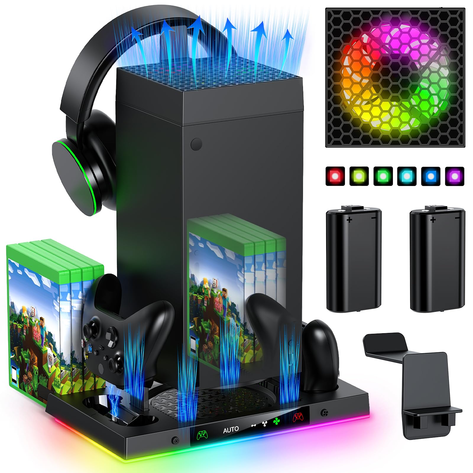 Auto Cooling Fan and Charge Stand Accessories for Xbox Series X Console with 15 Light Modes, Wireless Dual Charger Dock for XSX Controller, 2* Rechargeable Batteries, Headset Stand & Game Disc Storage (Black)