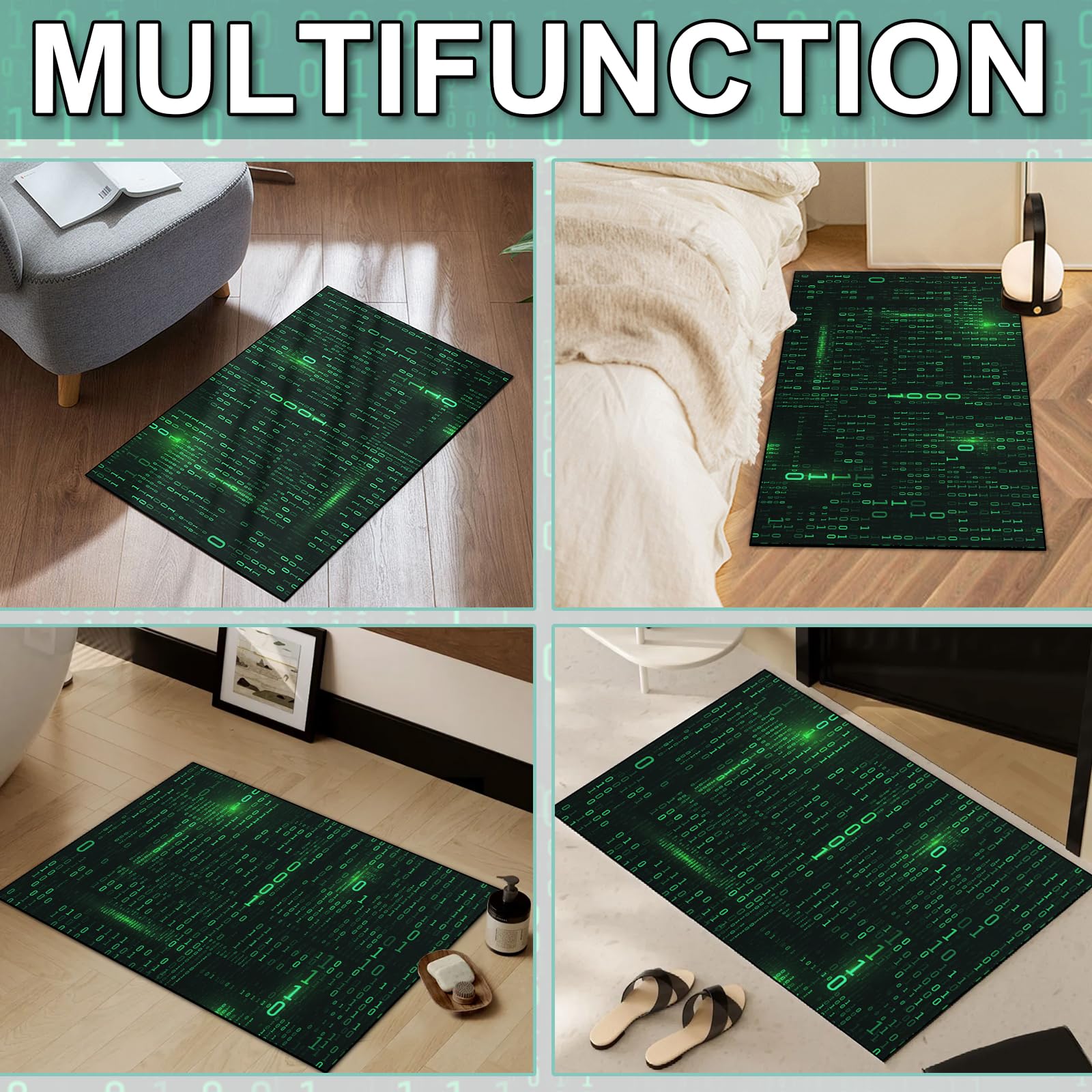 Washable Game Area Rug, Binary Code Design Gaming Programmer Teen Carpet Rug Doormat, Non-Slip Low-Pile Floor Carpet for Computer Bedroom Indoor Front Entrance Living Room Office (60" x 40")