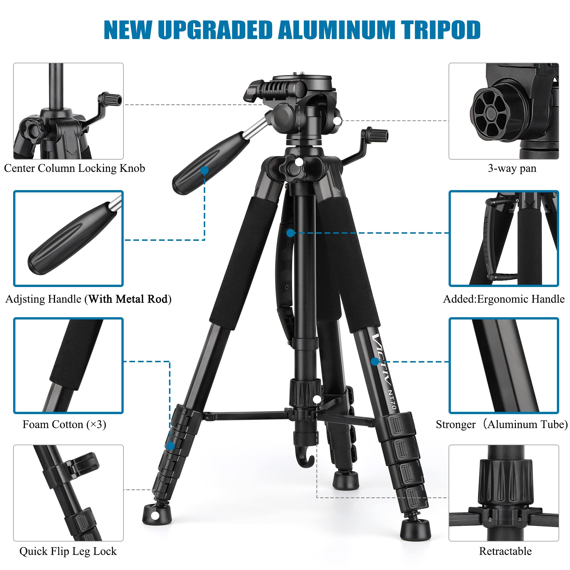 VICTIV 74” Camera Tripod, Tripod for Camera and Phone, Aluminum Professional Tripod Stand for Canon Nikon with Carry Bag and Phone Holder, Compatible with DSLR, iPhone, Spotting Scopes, Max Load 15 Lb