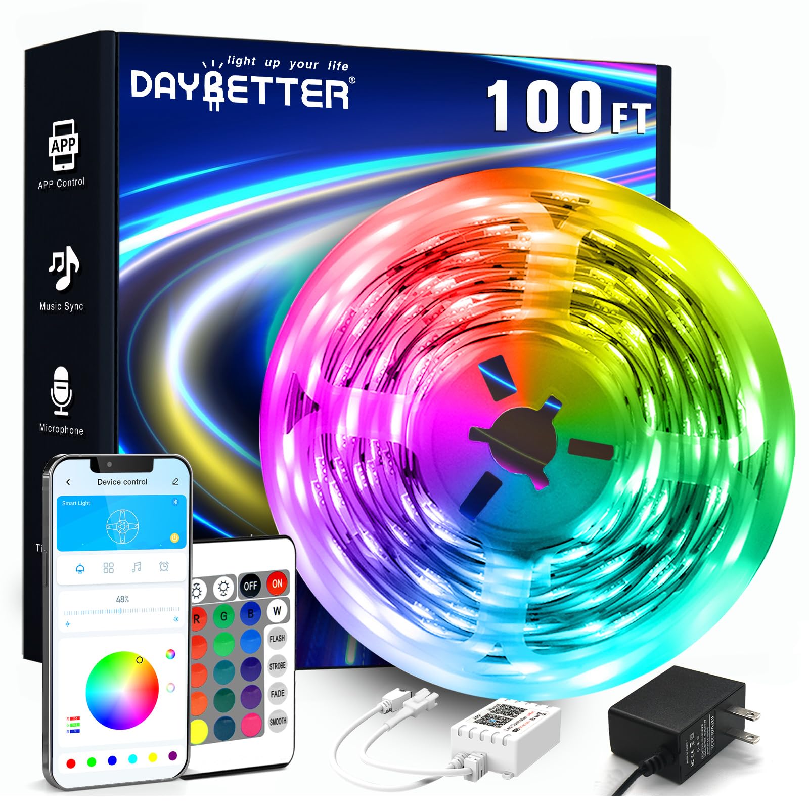 DAYBETTER LED Strip Lights 130ft Lights Strip for Bedroom, Desk, Indoor Room Bedroom Brithday Gifts RGB Decor with Remote and 24V Power Supply