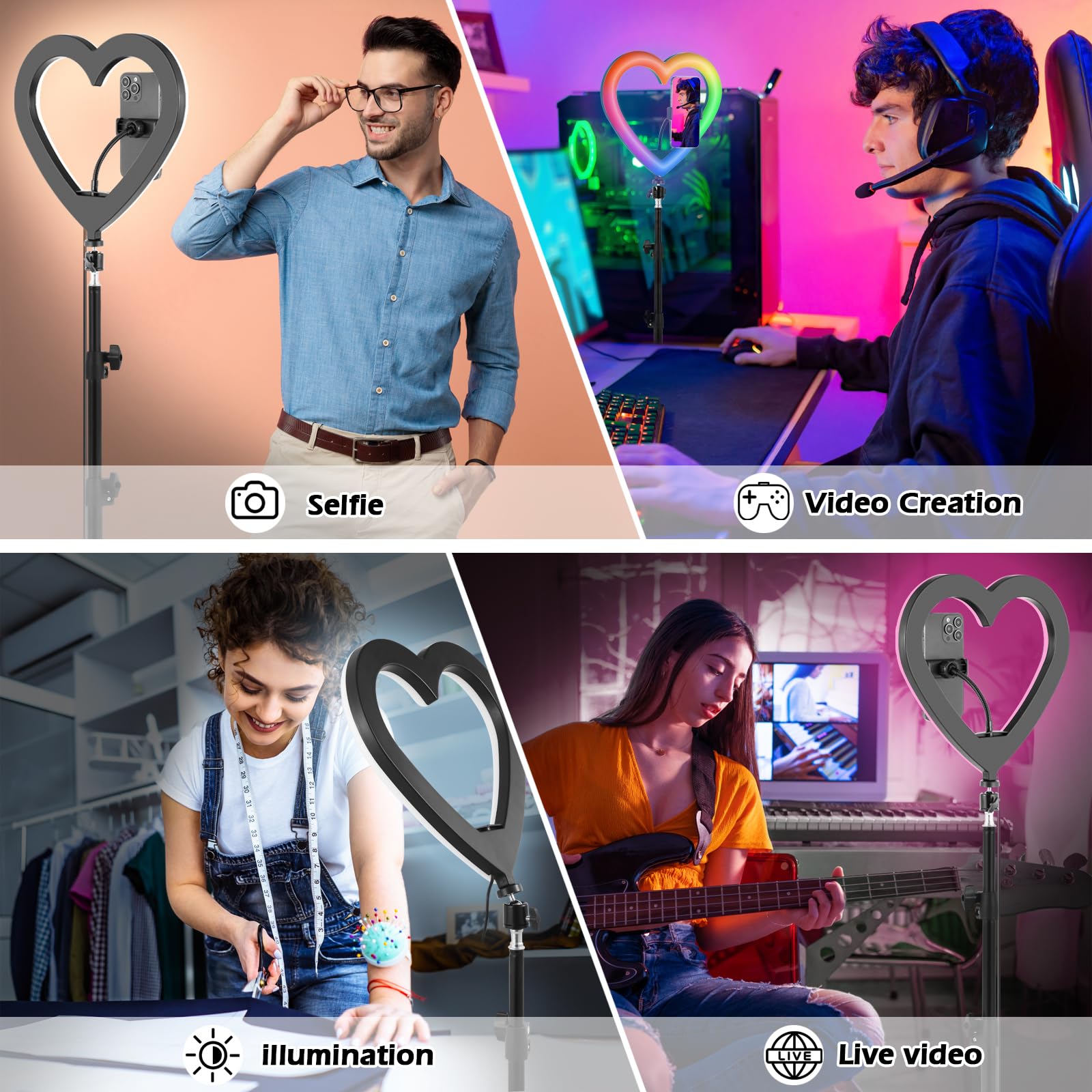 NANBEITONG 13'' Selfie Ring Light with 73'' Tripod Stand and Phone Holder,ipad Selfie Light, RGB Heart LED Lights with 47 Color Modes, Stepless Dimmable Speed Heart,RingLight for Phone,YouTube,Makeup