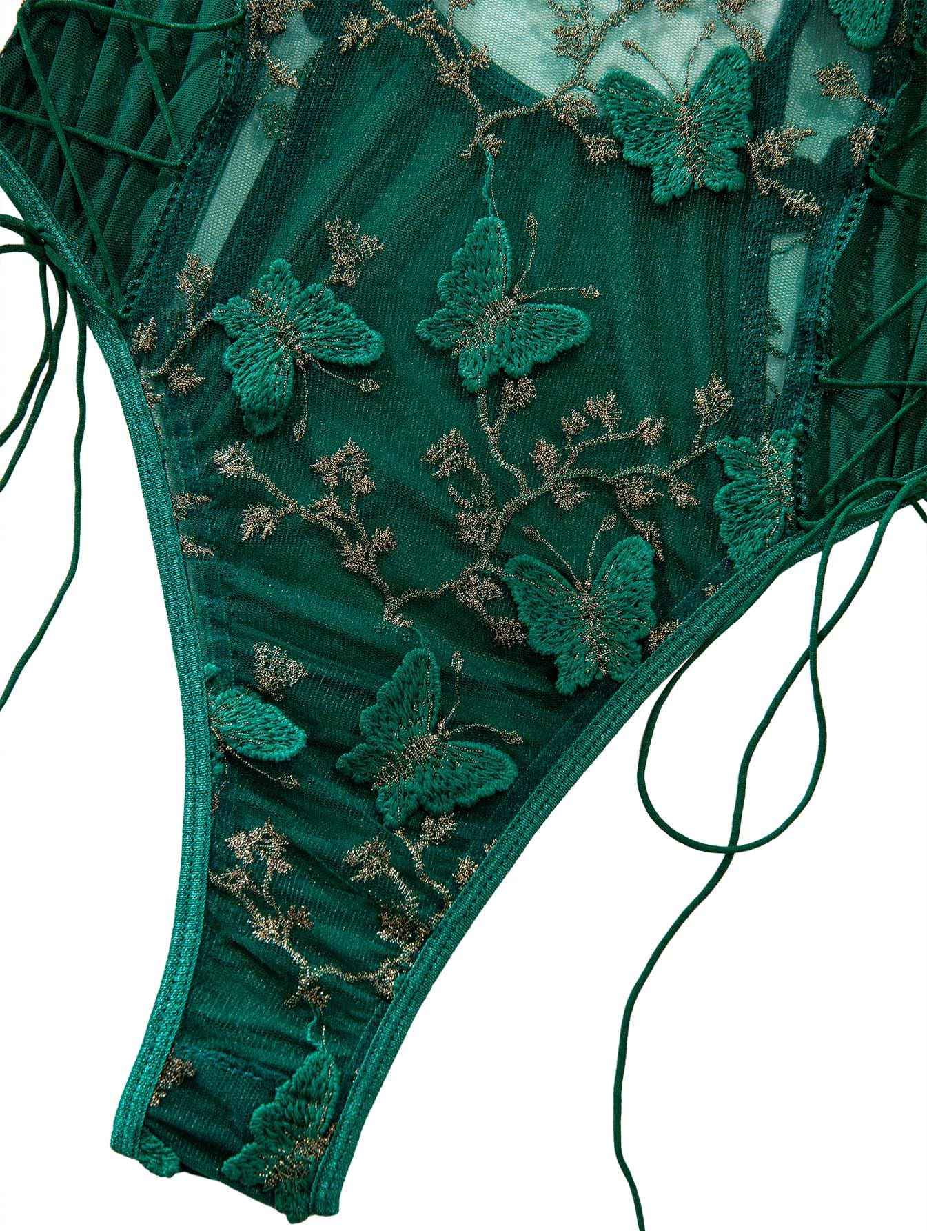 Lilosy Women Sexy Lace Up Floral Embroidered Teddy Lingerie Bodysuit Top Mesh Sheer One Piece