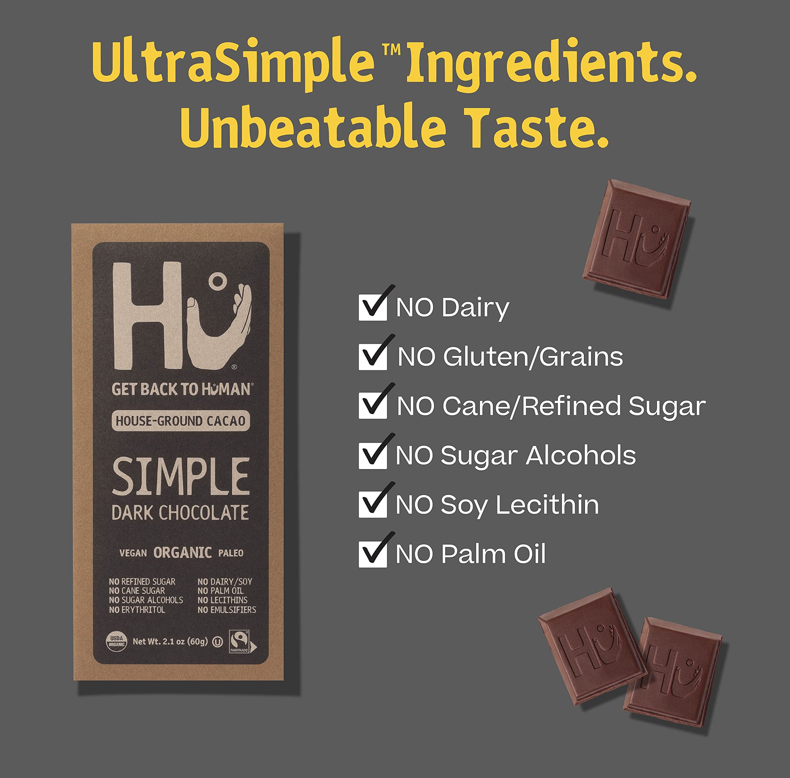 Hu Chocolate Bars | 8 Pack VARIETY SAMPLER PACK | Natural Organic Vegan, Gluten Free, Paleo, Non GMO, Fair Trade Dark Chocolate | 2.1oz Each
