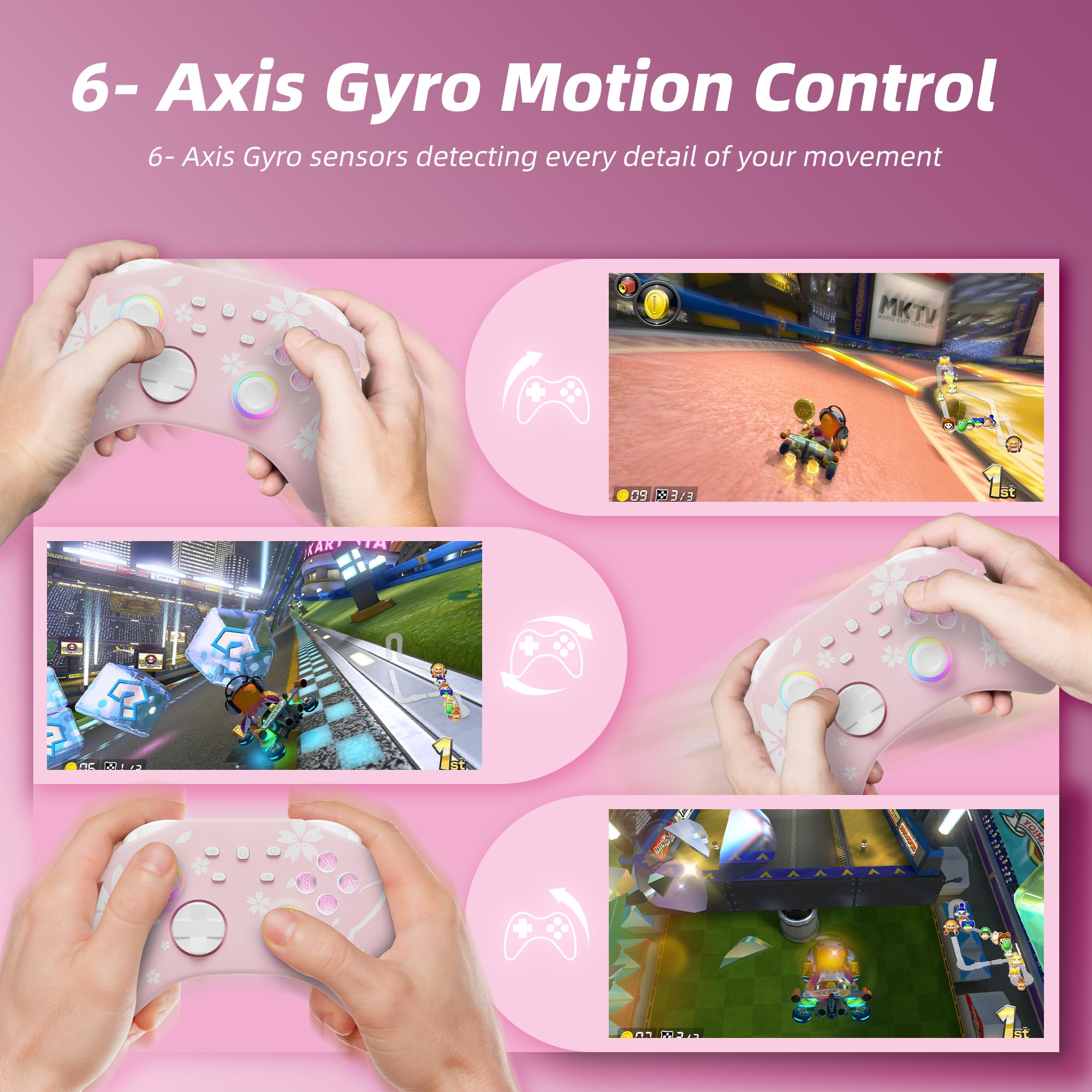 Mytrix Wireless Controllers for Switch/Switch 2, Windows PC iOS Android Steam/Steam Deck, Bluetooth Controller with Programmable, Hall Effect Joysticks, Adjustable LED Light/Turbo/Vibration: Sakura Pink
