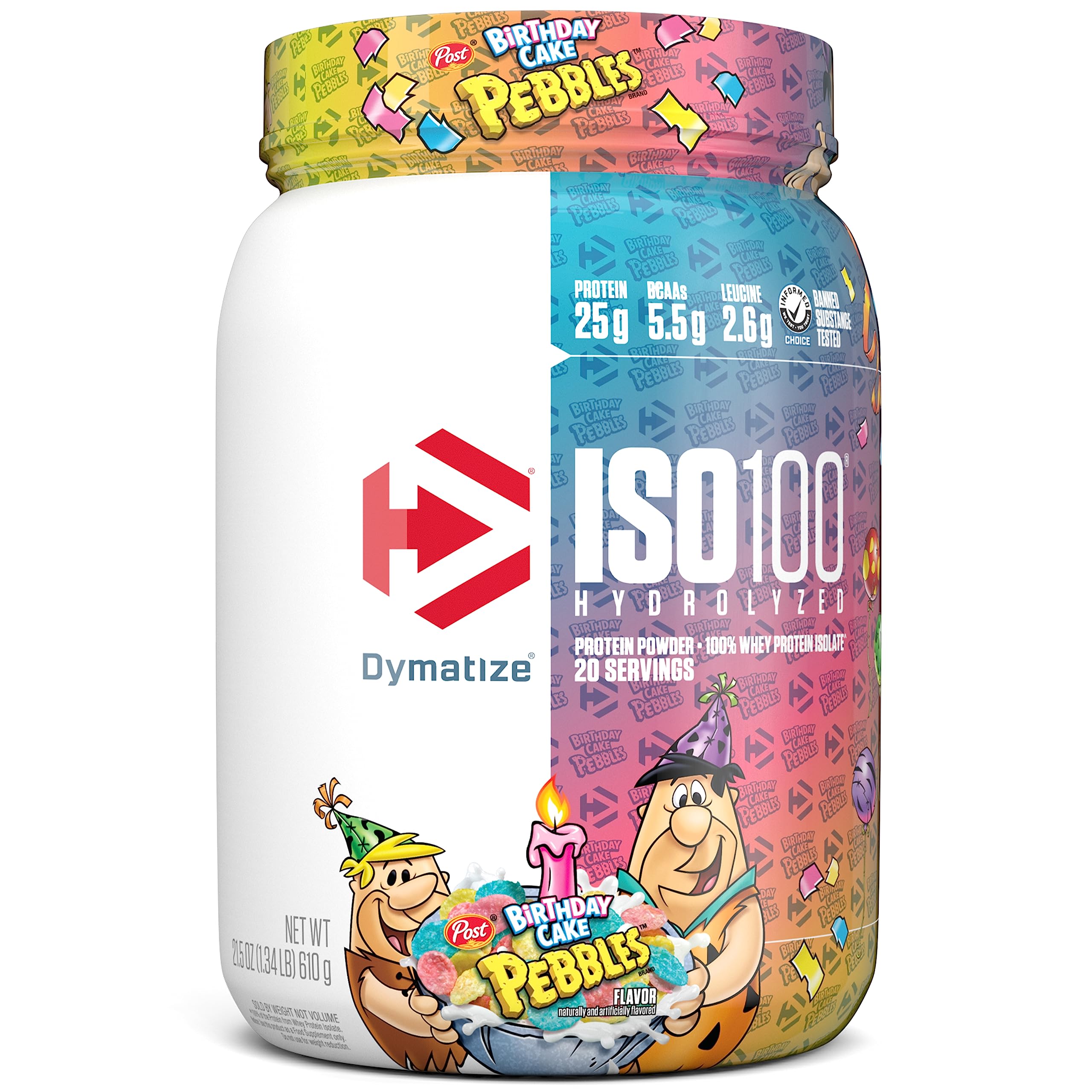 Dymatize ISO 100 Whey Protein Powder with 25g of Hydrolyzed 100% Whey Isolate, Gluten Free, Fast Digesting, Birthday Cake Pebbles, 20 Servings