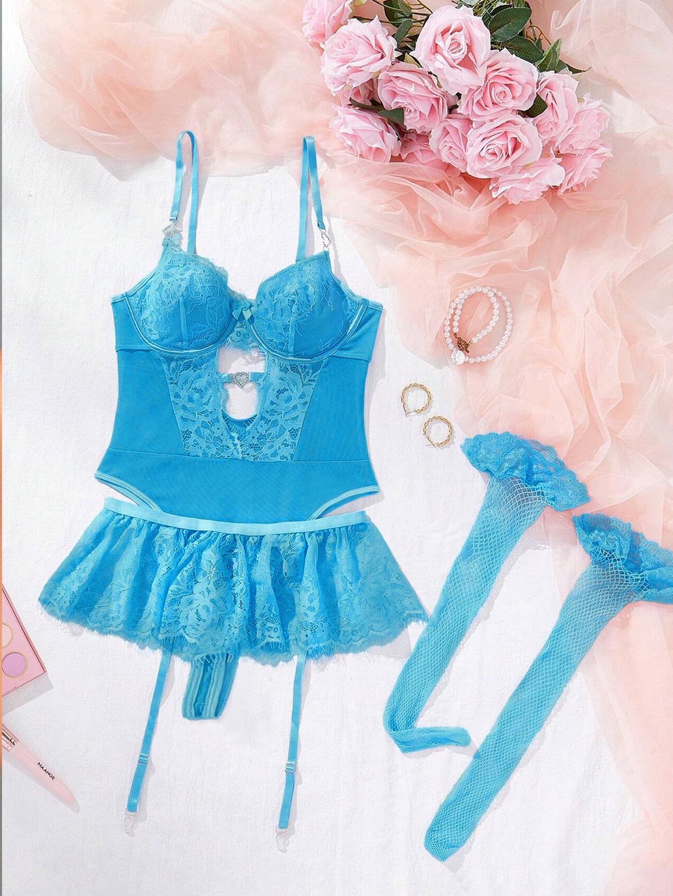 Alrovetoney Women Lingerie Set Naughty Lace Bodysuit High Waisted Underwire Lingerie Babydoll With Garter Belt and Stockings: Large Peacock Blue