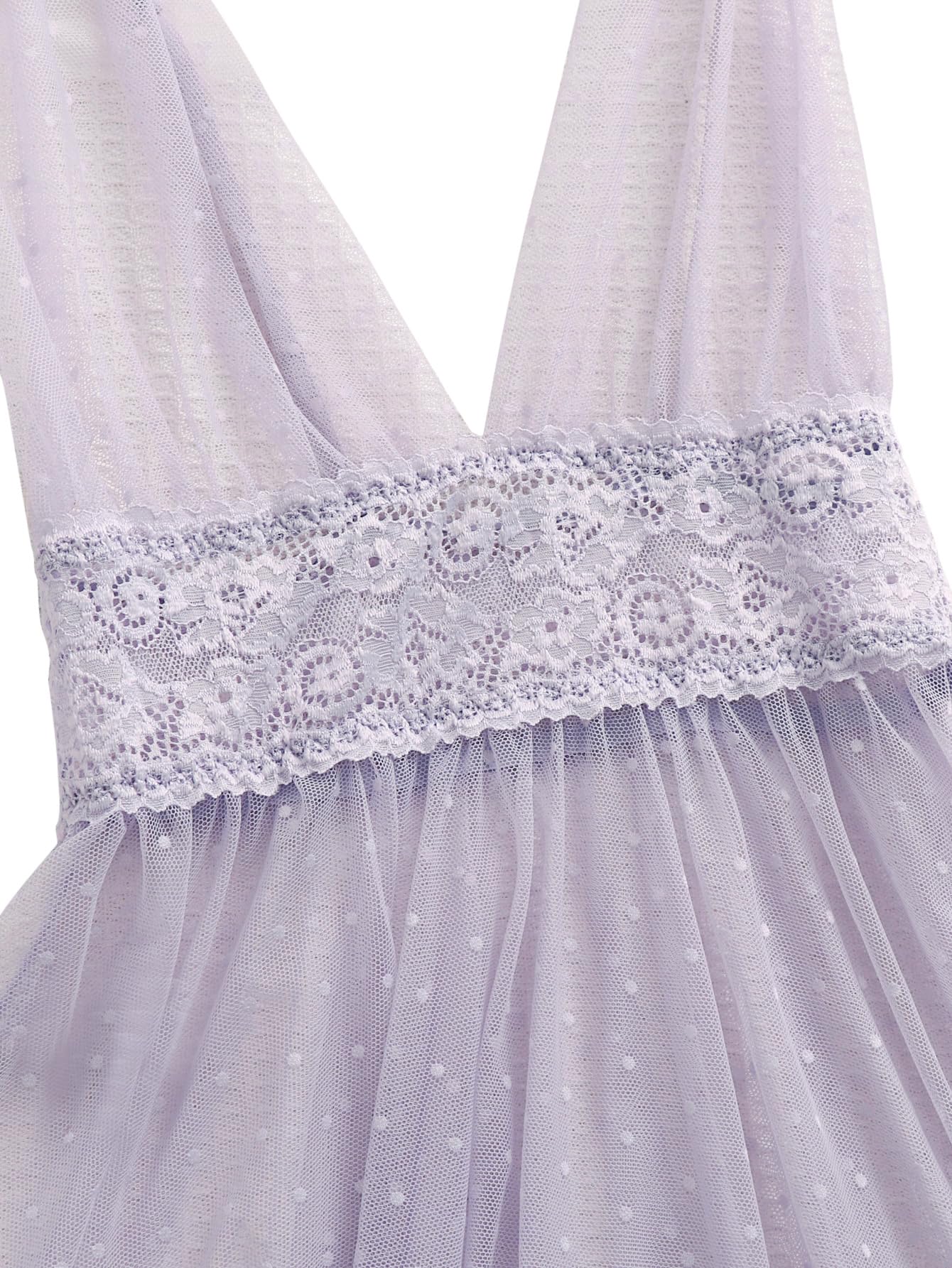 Lilosy Sexy Polka Dots Mesh Sheer Lace Babydoll Chemise Lingerie Set Floral Sleep Wear: Large Lavender Purple