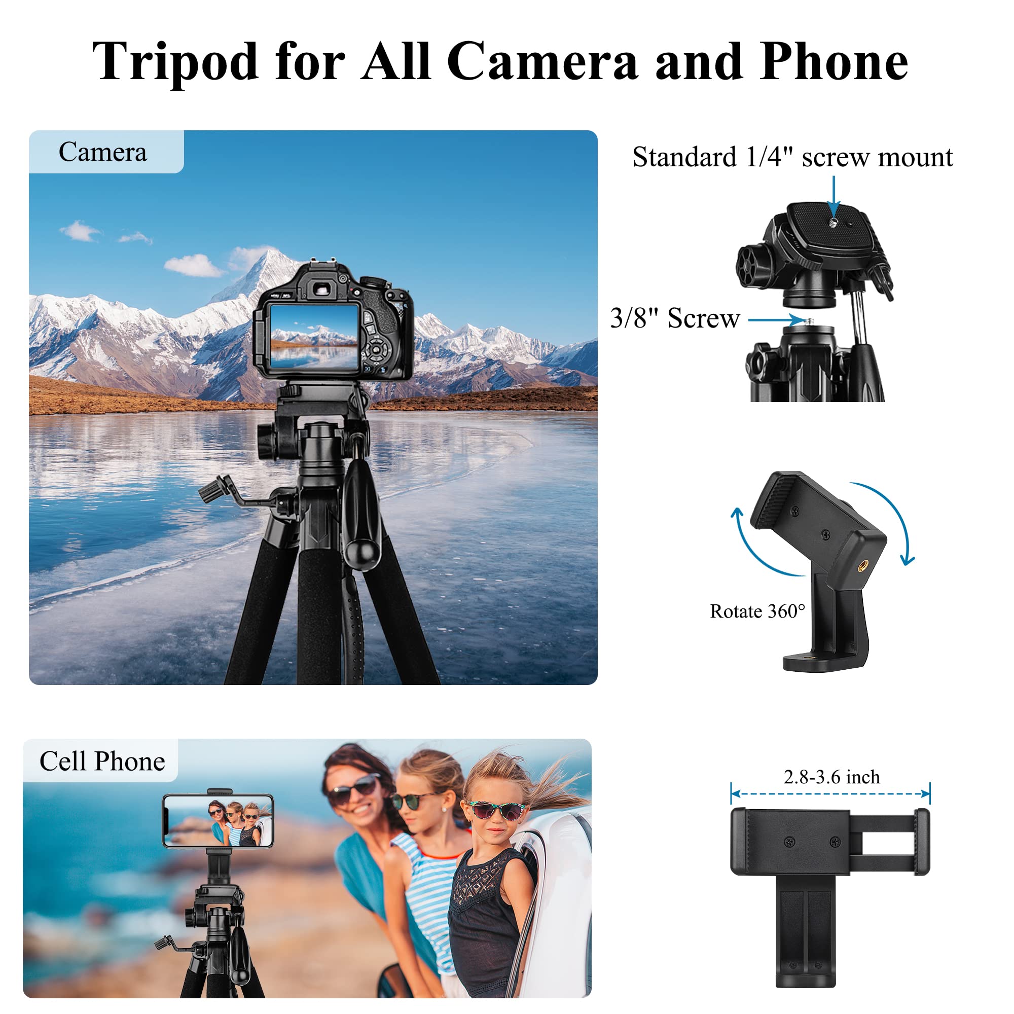 VICTIV 74” Camera Tripod, Tripod for Camera and Phone, Aluminum Professional Tripod Stand for Canon Nikon with Carry Bag and Phone Holder, Compatible with DSLR, iPhone, Spotting Scopes, Max Load 15 Lb