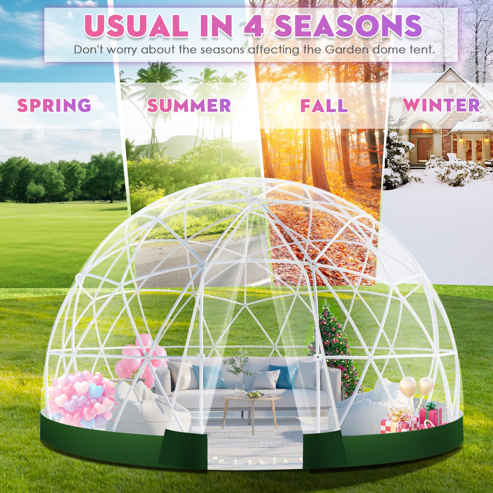 12FT Garden Dome lgloo, Geodesic Dome Greenhouse with PVC Clear Cover, Waterproof Garden Bubble Dome Tent House with 2 x 10M Light Strings for Outdoor, Patio, Backyard, Party (White, 9.7FT/2.9M)