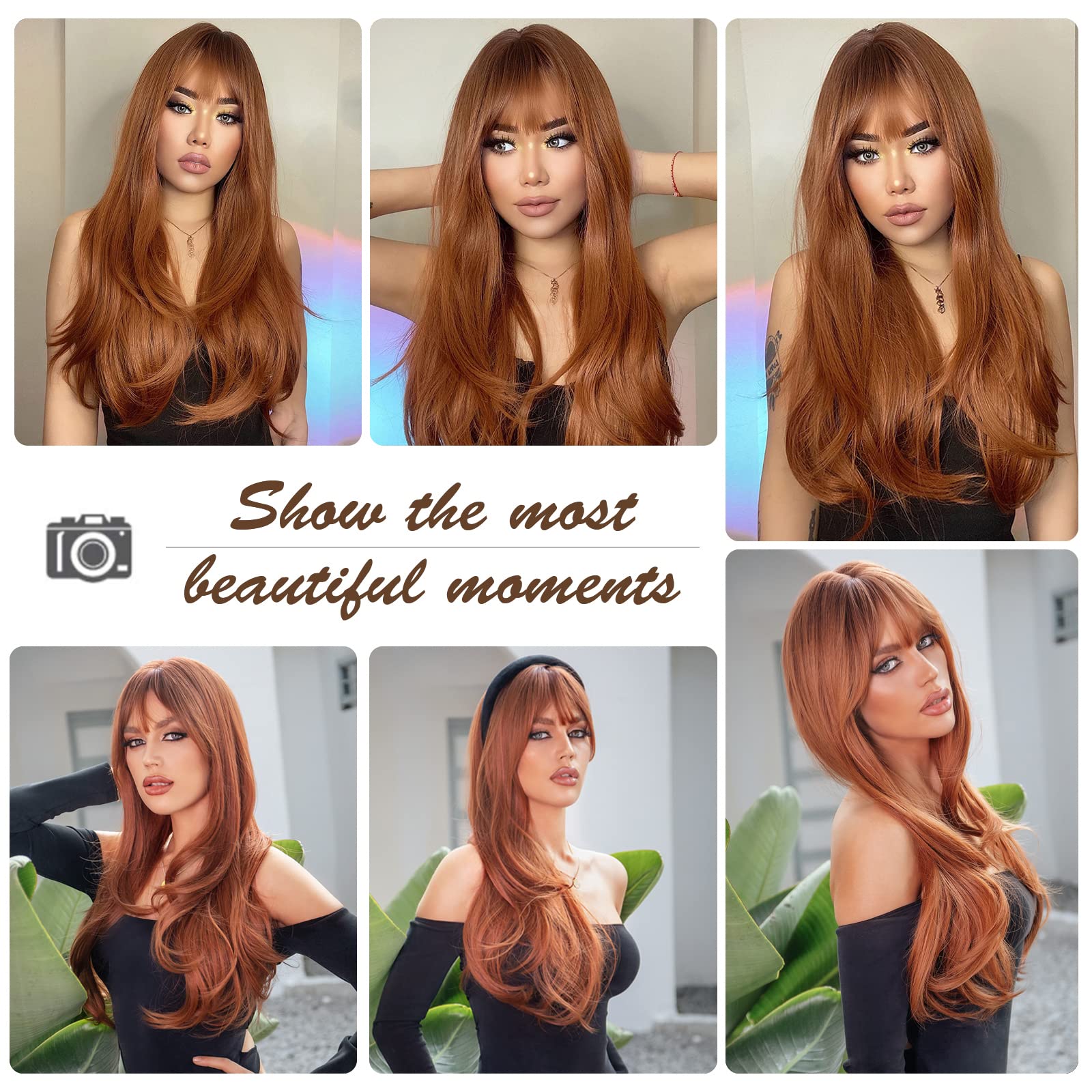HAIRCUBE Long Wig with Bangs Layered Curly Orange Wigs for Women Natural Synthetic Wigs for Daily Use (pelucas de cabello natural): Auburn