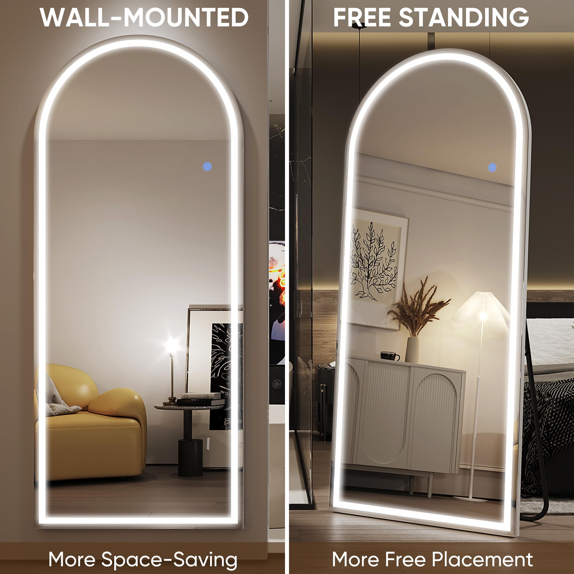 Antok LED Full Length Mirror, 59" x 22" Lighted Floor Standing LED Mirror Full Length,Hanging Mirror with Stand Free Standing Floor Mirror for Bedroom (Arched)