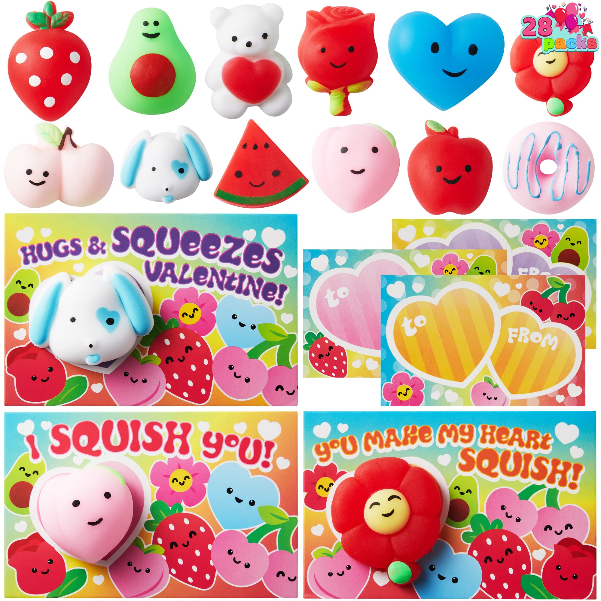 JOYIN 28 Packs Gift Cards with Mochi Squishy Toys, Kawaii Squeeze Stress Relief Fidget Toy for Kids Party Favor Classroom Exchange Prizes