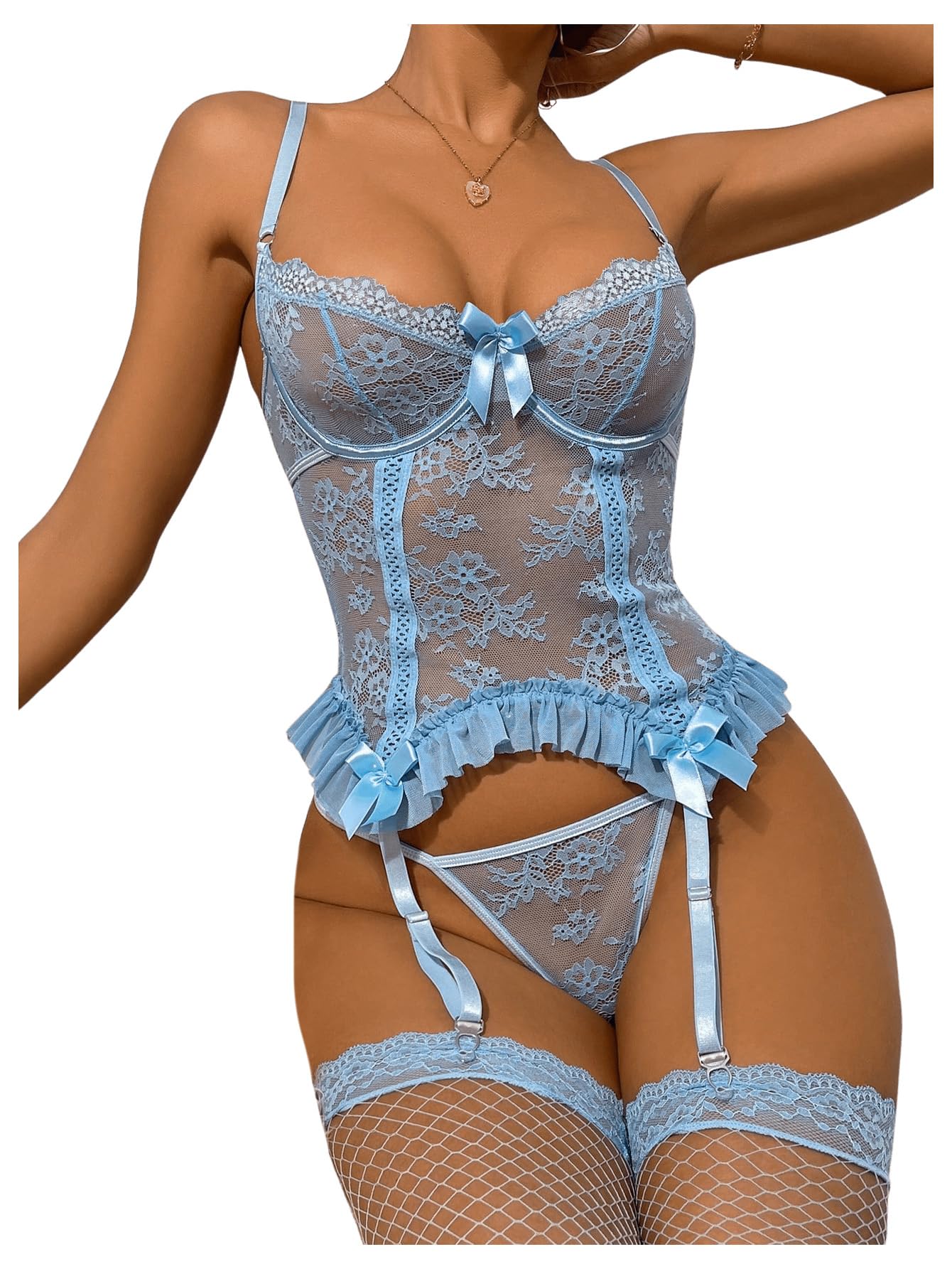 WDIRARA Women's Sexy Lingerie Set Floral Lace Garter Bustier Lingerie Set with 1Pair Fishnet Stocking: Large Blue Floral