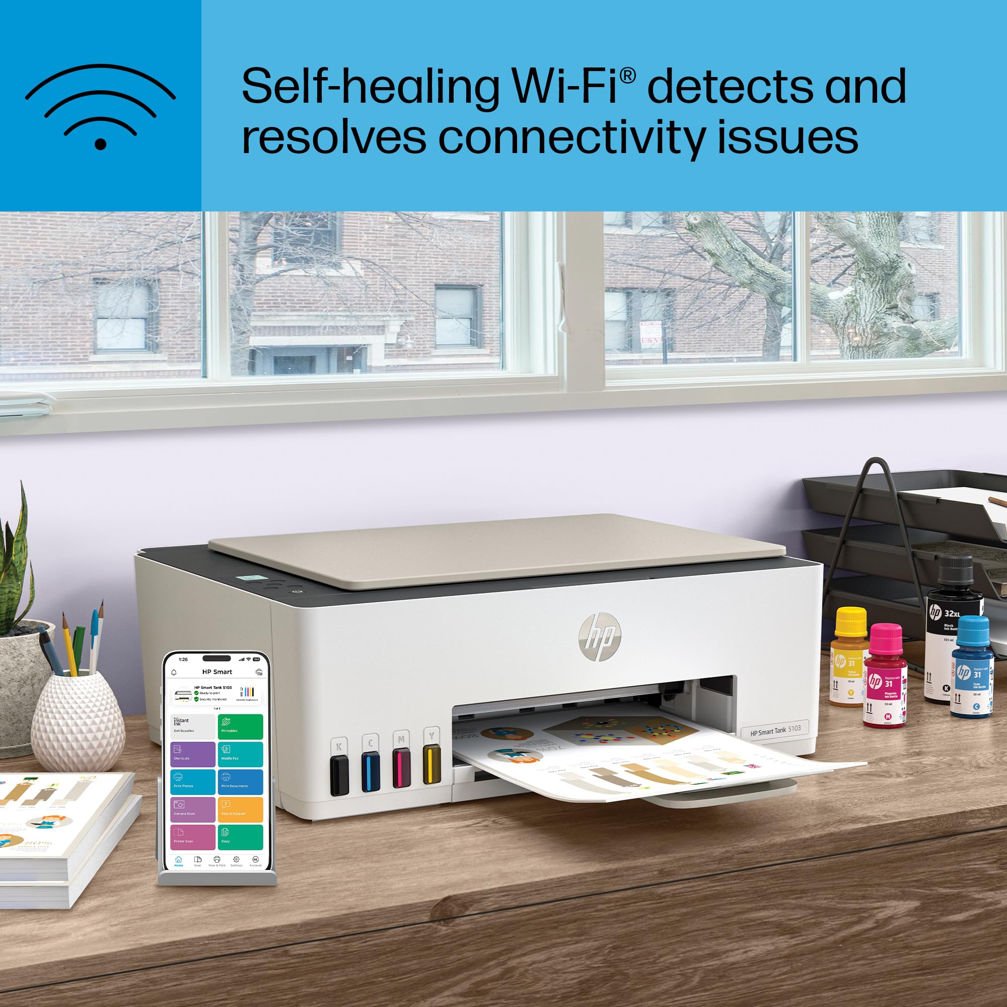 HP Smart Tank 5103 Wireless All-in-One Ink Tank Printer with 2 Years of Ink and 100sheets of Photo Paper Included, Print, scan, Copy, Best-for-Home, Refillable Ink Tank(5D1B2A)