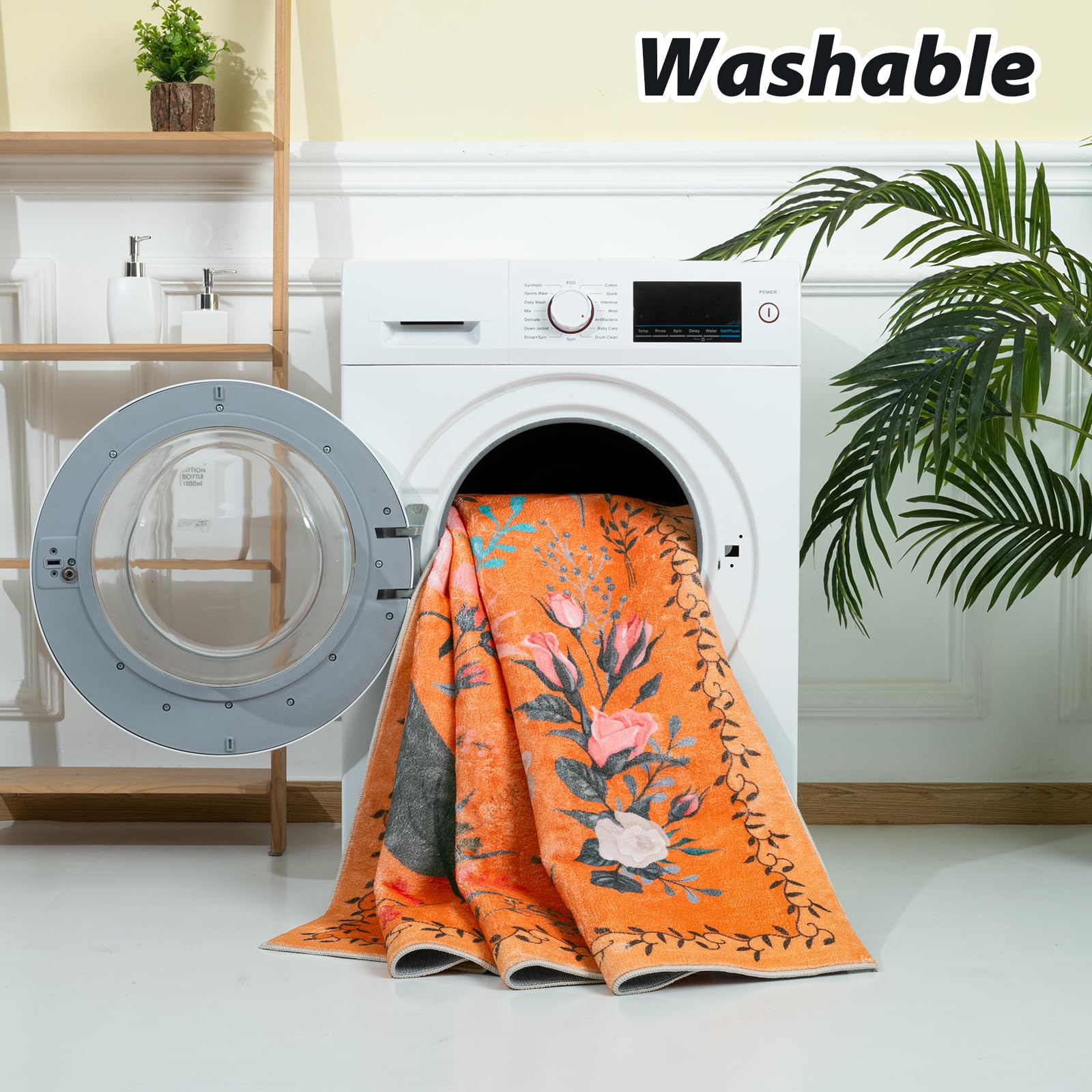 CRYPTOLITE Rugs for Living Room, Floral 6x9 Non Slip Machine Washable Large Living Room Rug, 0.27″ Low Pile & Non-Shedding Boho Large Area Rug for for Livingroom, Bedroom, Dining Room (Orange)