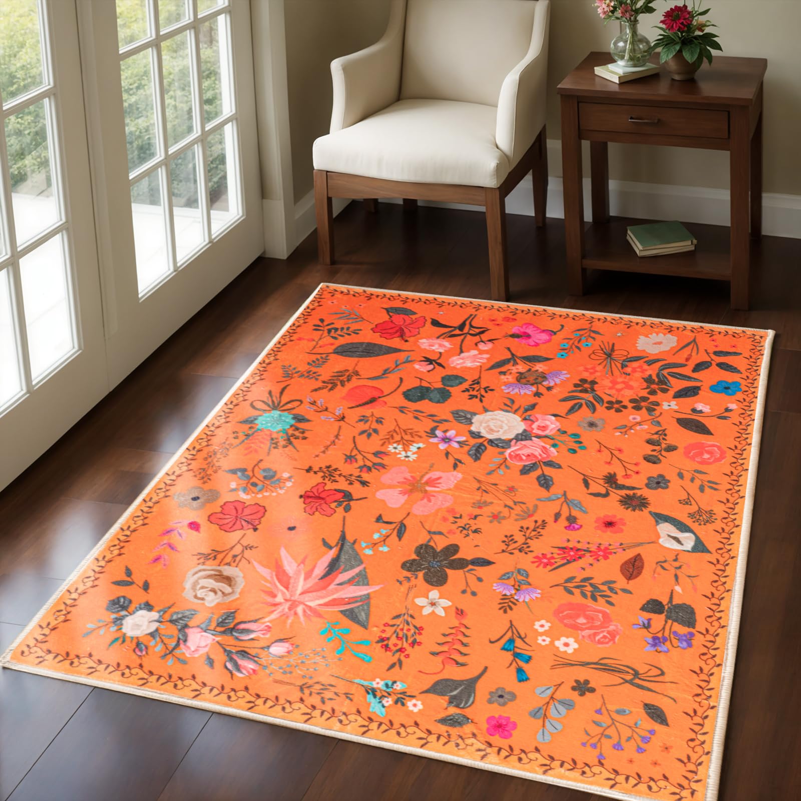 CRYPTOLITE Rugs for Living Room, Floral 6x9 Non Slip Machine Washable Large Living Room Rug, 0.27″ Low Pile & Non-Shedding Boho Large Area Rug for for Livingroom, Bedroom, Dining Room (Orange)