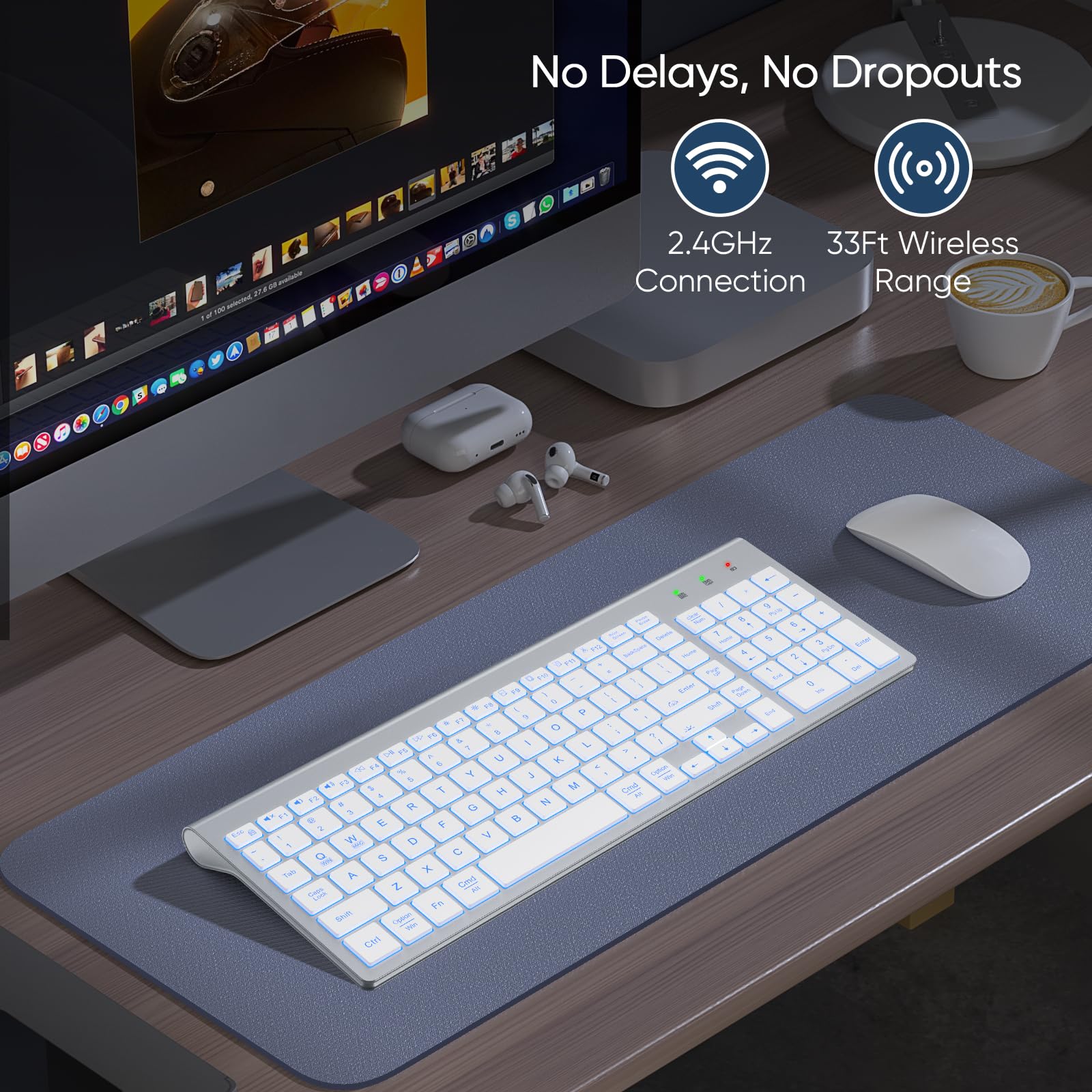 SABLUTE Wireless Keyboard with 7 Colored Backlits, Rechargeable Silent Compact Cordless Computer Keyboard with Low Profile Quiet Light Up Keys for Windows, PC, Linux, Chrome, Mac (White)