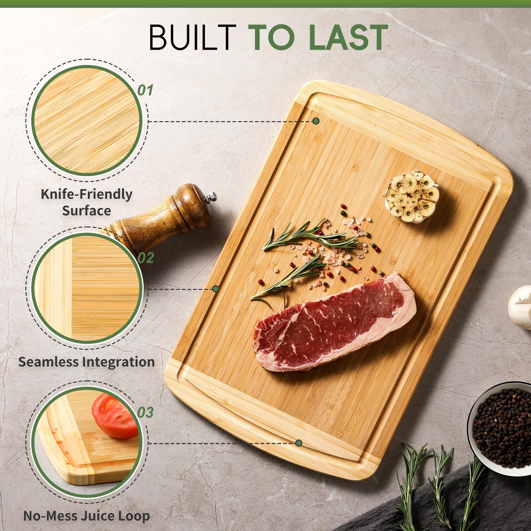 Large Wooden Cutting Board for Kitchen Meal Prep & Serving - Bamboo Cutting Boards with Juice Groove Side Handles, Charcuterie & Chopping Butcher Block - 100% Organic Bamboo, Pre Oiled, 16" x 10"