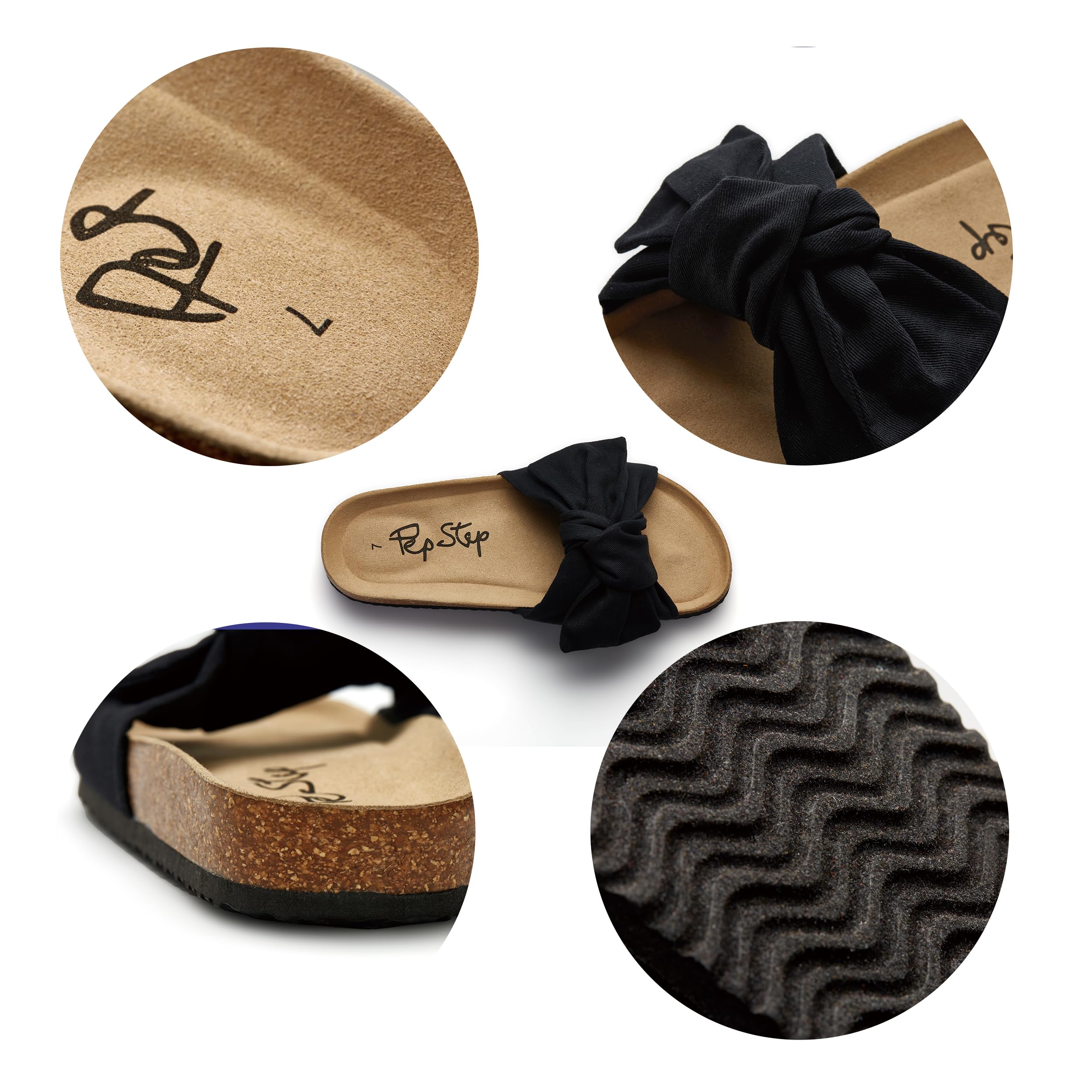 PepStep Slide Sandals for Women or Ladies Dressy Summer Casual, Cute Bow Tie Knot On Top Strap, Comfy Slip On Cork Foot Bed