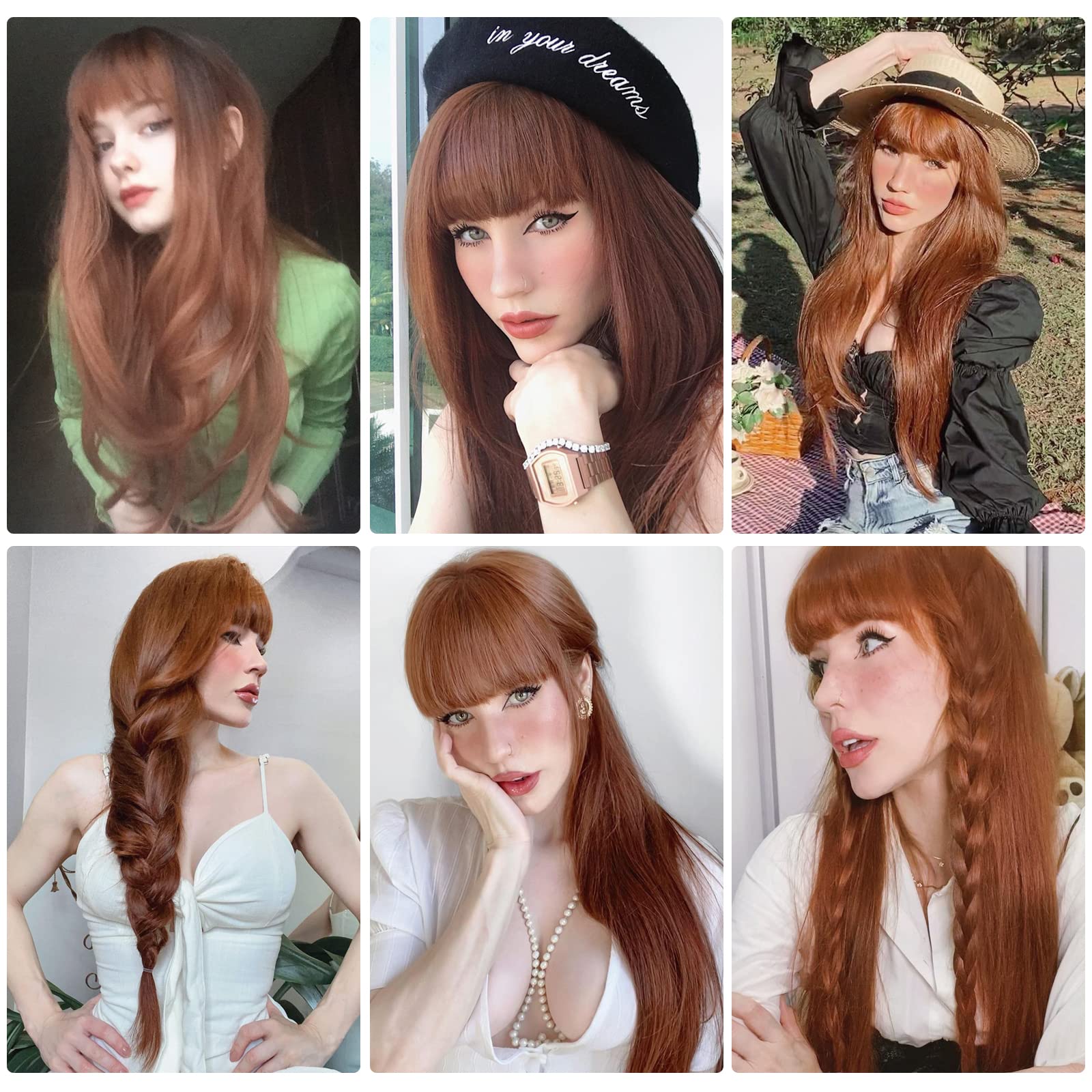 HAIRCUBE Long Wig with Bangs Layered Curly Orange Wigs for Women Natural Synthetic Wigs for Daily Use (pelucas de cabello natural): Auburn