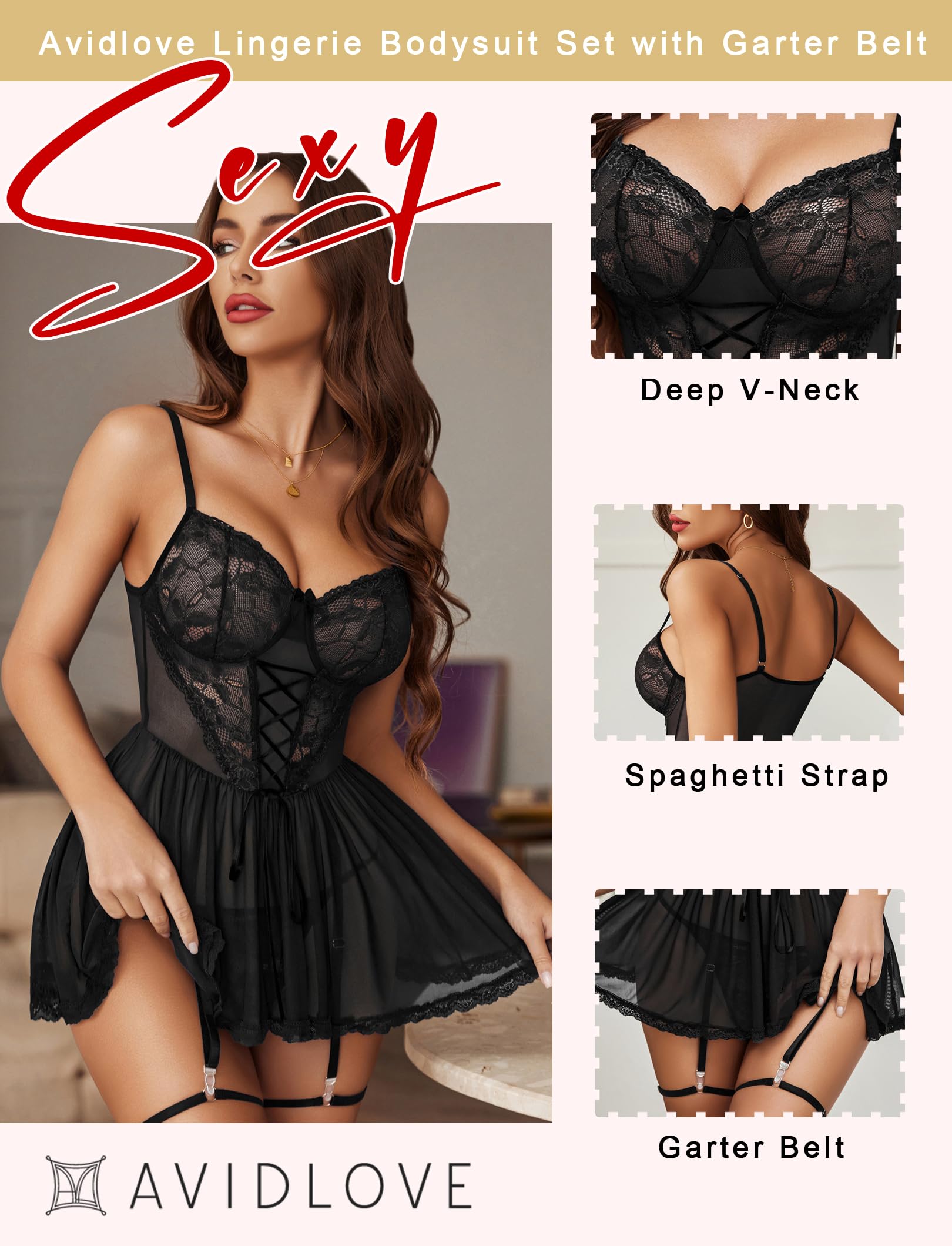 Avidlove Lingerie for Women Sexy Lace Babydoll Mesh Chemise Boudoir Nighty with Garter Belt
