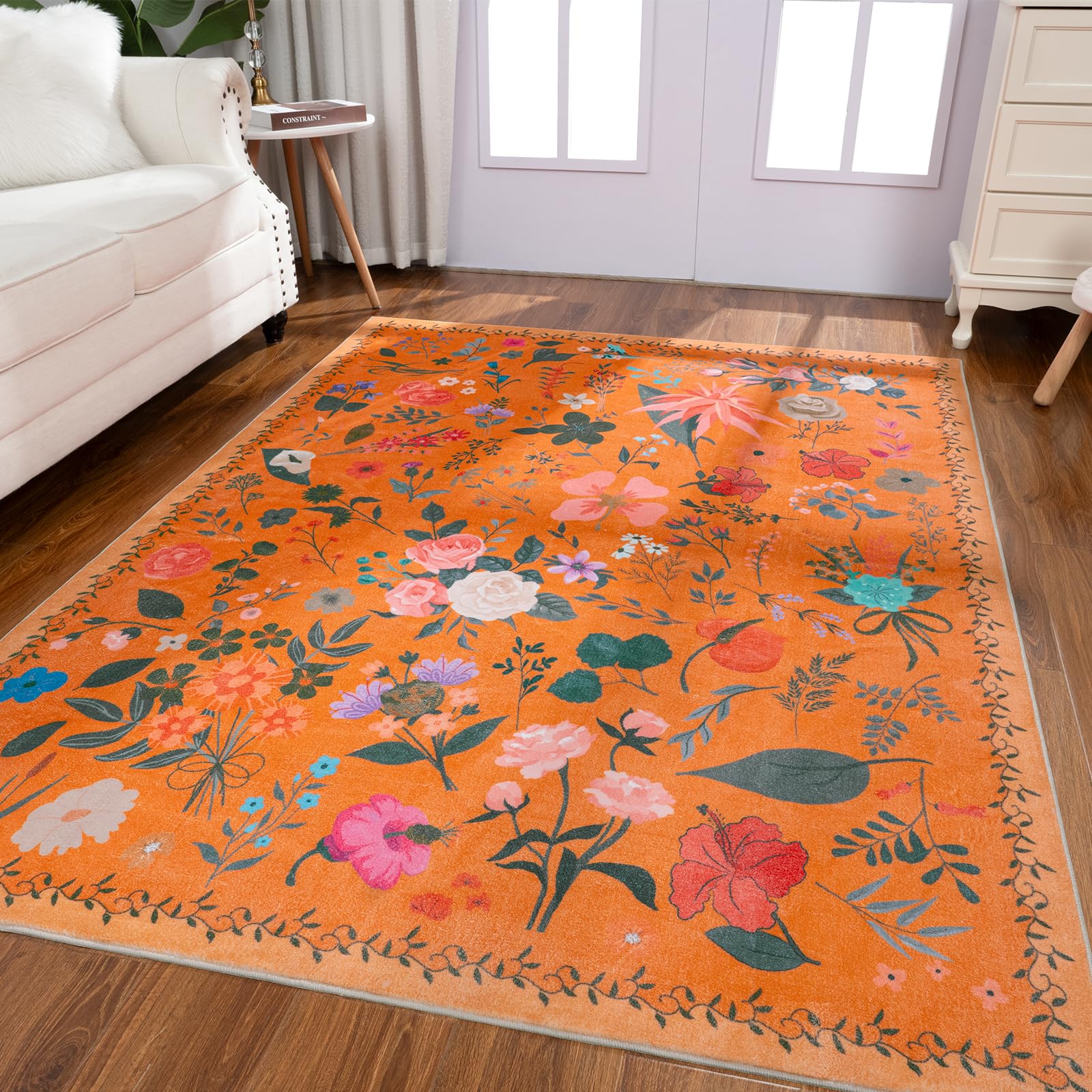 CRYPTOLITE Rugs for Living Room, Floral 6x9 Non Slip Machine Washable Large Living Room Rug, 0.27″ Low Pile & Non-Shedding Boho Large Area Rug for for Livingroom, Bedroom, Dining Room (Orange)