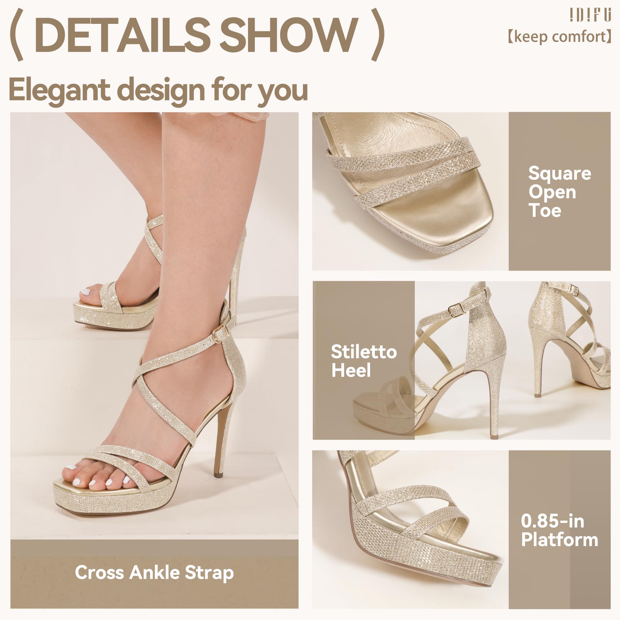 IDIFU IN4 Platform High Heels for Women Strappy Heeled Sandals Square Toe Heels Stiletto Heels Women's Wedding Party Bridal Sexy Dress Shoes Open Toe Heels: 8 Gold Glitter