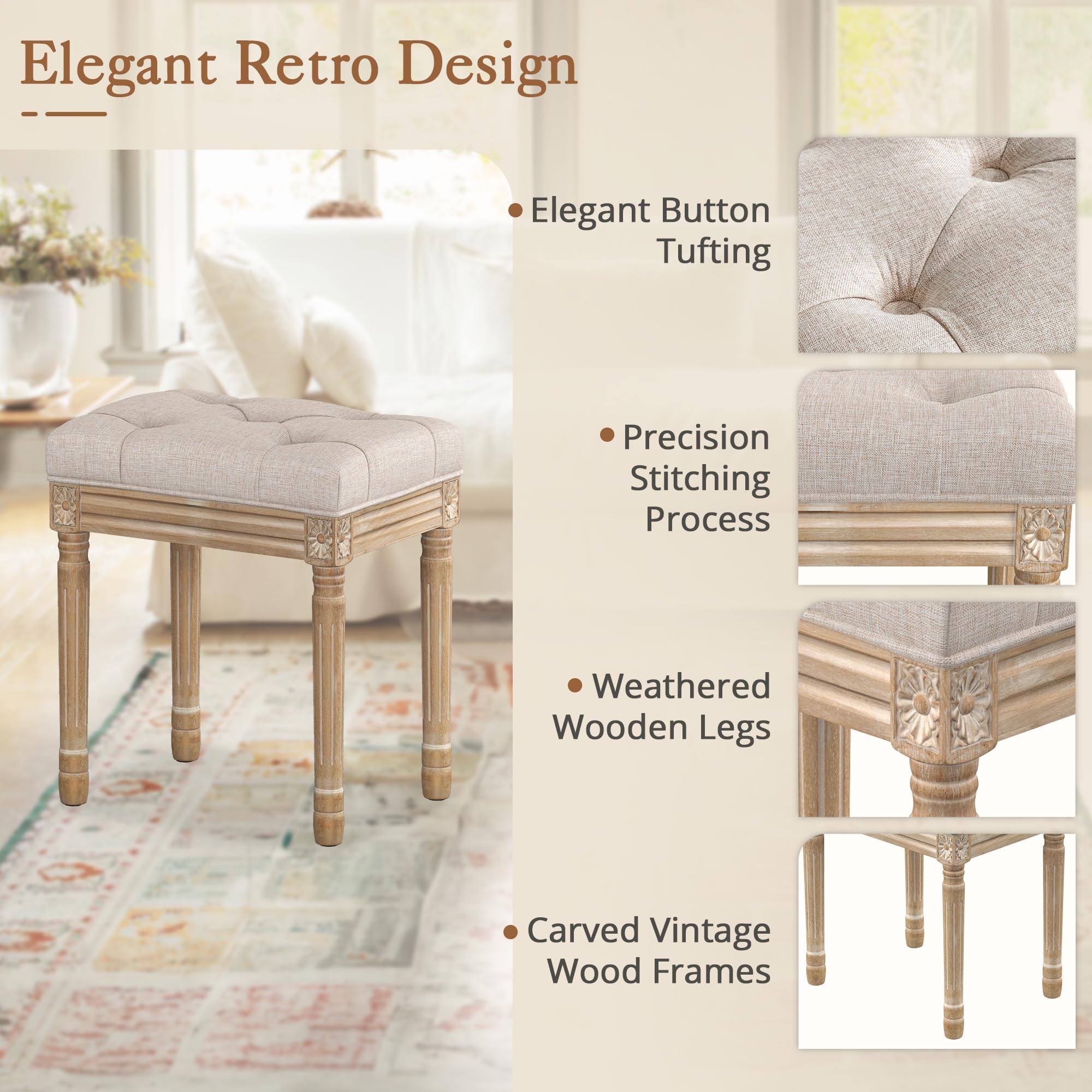 LUE BONA Upholstered Fabric Vanity Bench Seat, Makeup Stools for Vanity, Square Tufted Ottoman Bench with Carved Wood Color Legs for Bedroom Living Room, Beige