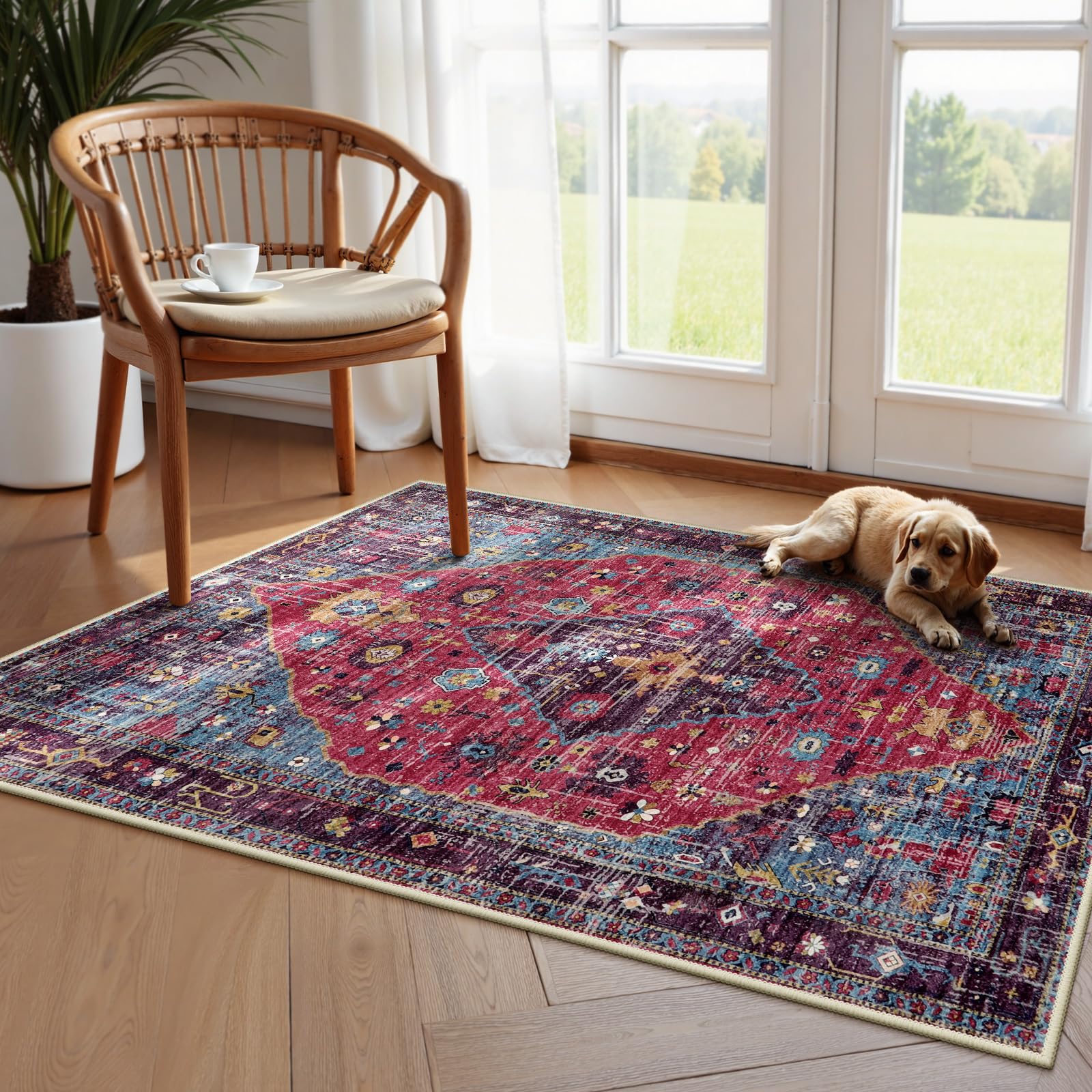 Lahome Washable Rugs 8x10 Pink Rugs for Bedroom Girls, Boho Tribal Nursery Living Room Area Rug, Vintage Large Soft Non Slip Indoor Carpet for Dorm Classroom Kids Room (8x10ft,Pink)