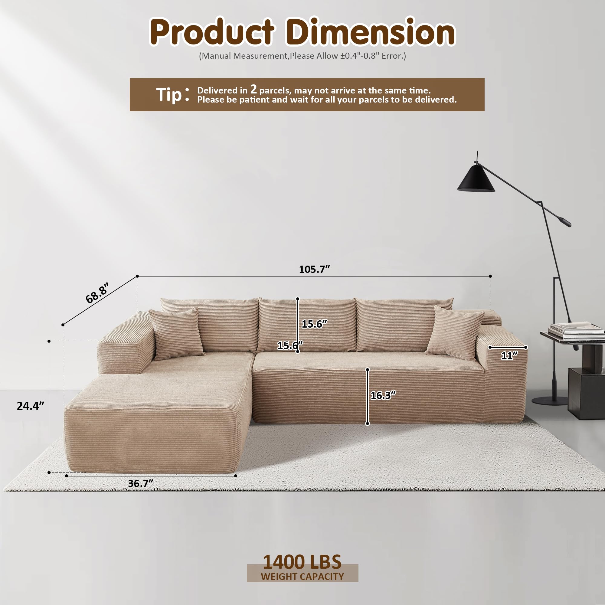 ovios 104" Cloud Sectional Couch with L-Shape Chaise,Modern Modular Sofa with Deep Seat, Upholstered Couches for Living Room Bedroom,No Assembly Required, Green (Cloud Velvet)