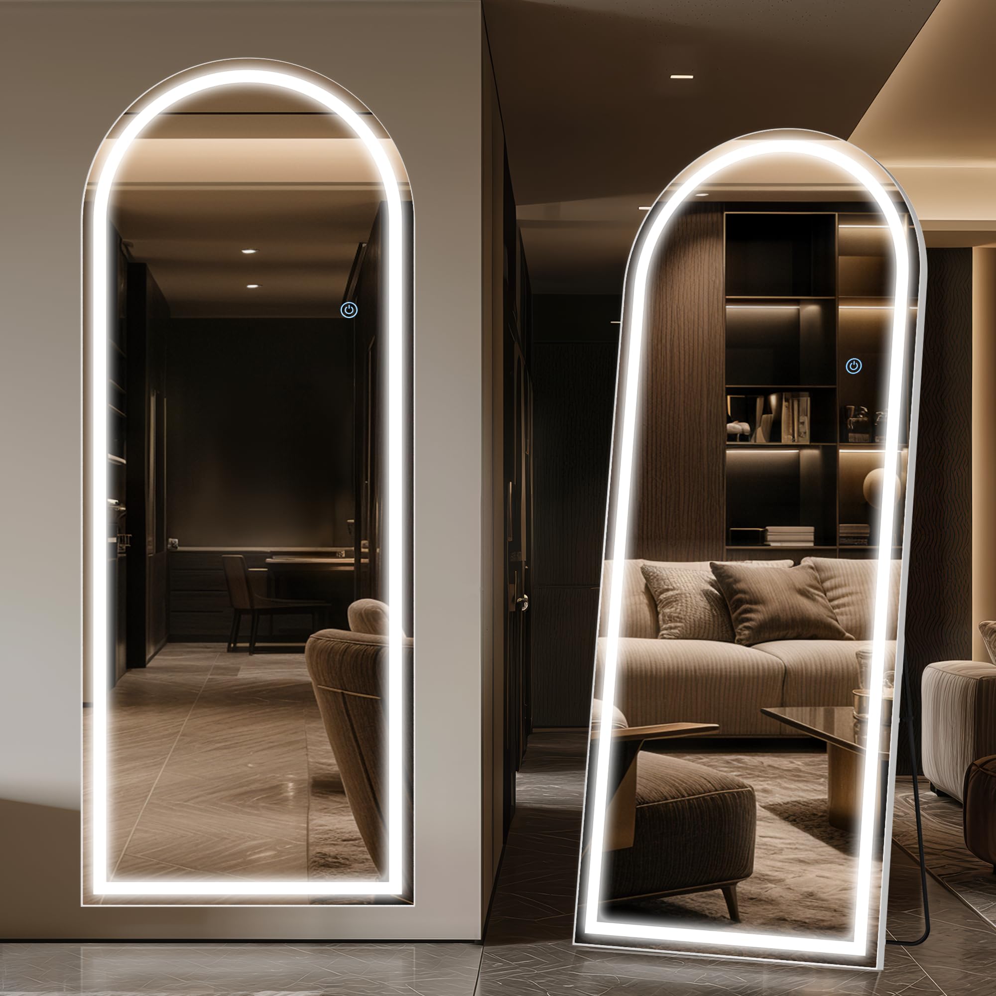 Antok LED Full Length Mirror, 59" x 22" Lighted Floor Standing LED Mirror Full Length,Hanging Mirror with Stand Free Standing Floor Mirror for Bedroom (Arched)