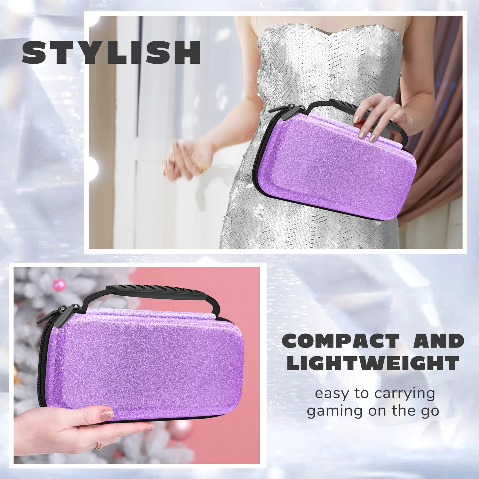 Homicozy Glitter Carrying Case Compatible With Nintendo Switch OLED & Console - Protective Hard Travel Shell Pouch for Accessories, Gaming Case for Girls