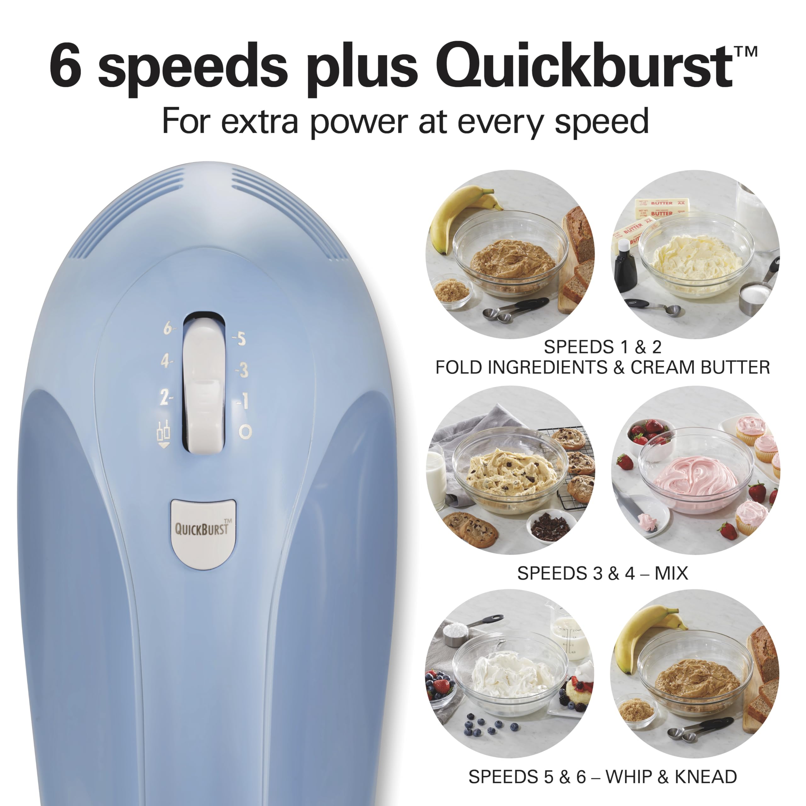 Hamilton Beach 6-Speed Electric Hand Mixer with Whisk, Dough Hooks and Easy Clean Beaters, Powerful 275 Watt Motor, Snap-On Storage Case,