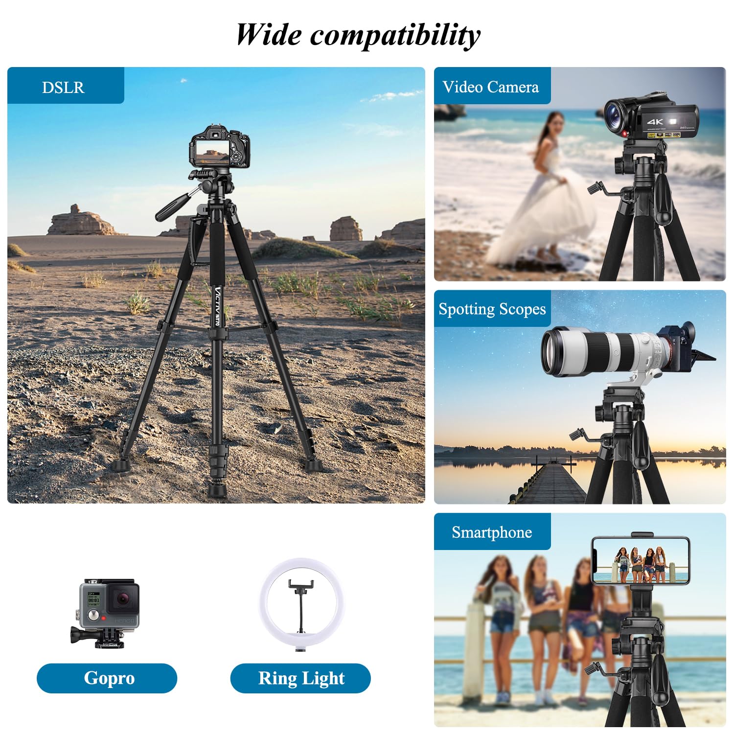 VICTIV 74” Camera Tripod, Tripod for Camera and Phone, Aluminum Professional Tripod Stand for Canon Nikon with Carry Bag and Phone Holder, Compatible with DSLR, iPhone, Spotting Scopes, Max Load 15 Lb