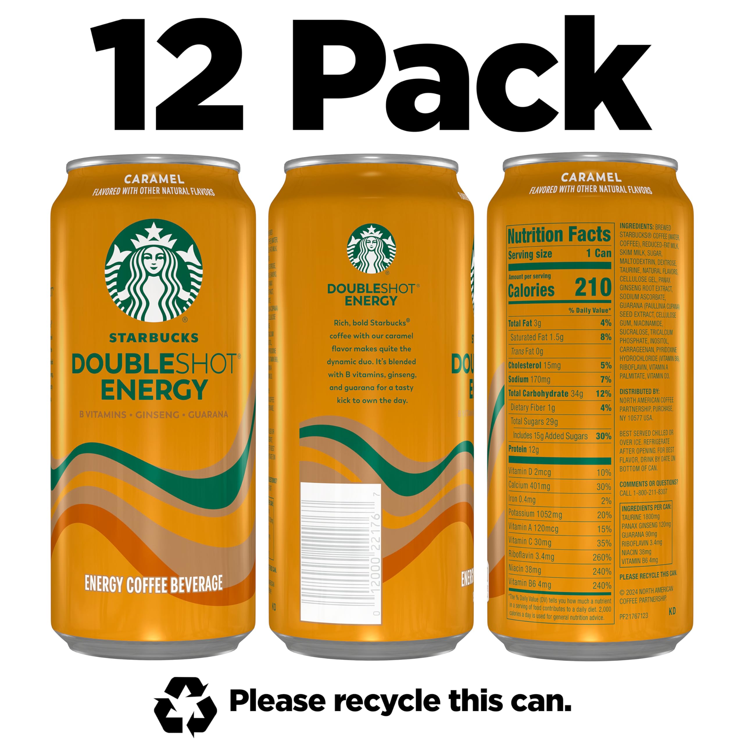 Starbucks Doubleshot Energy Drink Coffee Beverage, White Chocolate, Iced Coffee, 15 fl oz Cans (Packaging May Vary) (Pack of 12): Caramel 15 Fl Oz (Pack of 12)